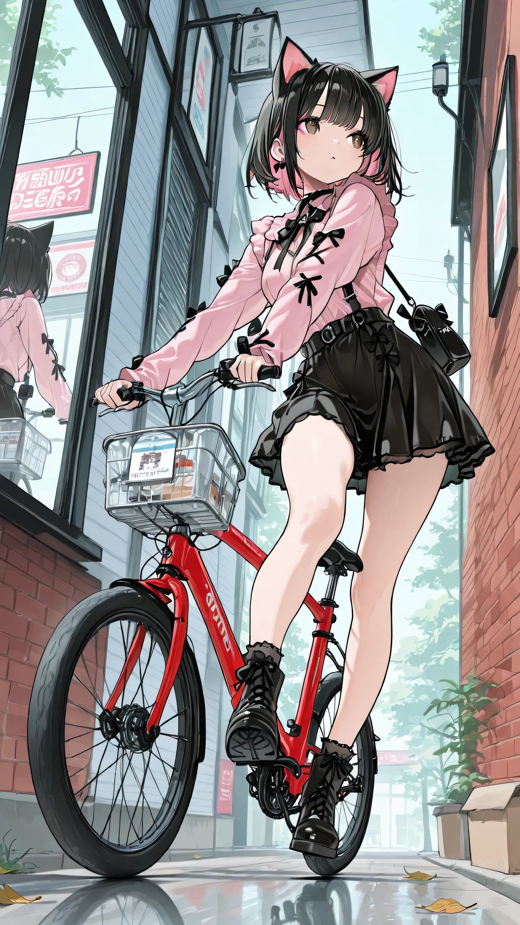 (masterpiece:1.3), 8k, top quality, super high resolution, barber shop, (お客さんがBarber Shop Chairに座る, beautiful girl, jirai kei fashion, Cat ears, black skirt, black hair with pink inner highlights, She has short black hair with pink tips, Beautiful brown eyes with detailed reflections, and wearing black eyeliner and pink eyeshadow, A female who runs powerfully on a red bicycle downhill in a narrow brick alley。engulfs scattered fallen leaves and trash、Tilt your body wide、Stepping on the pedal furiously and going downhill。 Last Scene 、female detective trying to jump down steps、wheelie a bicycle and jump while floating。Trying to jump off steps。cleverly maintains balance、looks at the finish line。