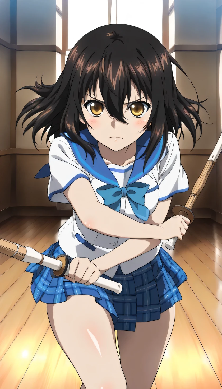 {{{masterpiece}}}, (best quality:1.5), (ultra-detailed:1.5), {illustration}, {{an extremely delicate and beautiful}}, (beautiful detailed eyes:1.6), absurdres, highres, extremely detailed face, 16k, hd, visual anime de uma jovem mulher, extremamente bonito rosto de anime, anime melhor garota, (perfect hands, perfect anatomy), anime face, Himeragi Yukina(Strike The Blood), yukina, 1girl, solo, cute face, medium hair, front hair, black hair, hair between eye, (yellow eyes:1.3), (High resolution eyes, Beautiful eyes, Light in the eyes), flushed cheeks, medium breasts, big hips, curvaceous, BREAK, serafuku, {school uniform}, summer uniform, white shirt, short sleeves, blue sailor collar, blue bowtie, mini skirt, pleated skirt, plaid skirt, blue skirt, thighs, BREAK, kendo_gear, kendo-do, shinai, holding shinai, BREAK, fighting stance, dynamic pose, indoor, martial arts hall, wooden floor