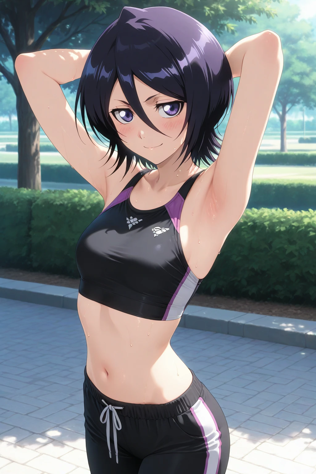 high resolution, best image quality, masterpieces, whole body, 1girl, :d, abs, bare shoulders, purple hair, black legwear, blue sky, blurry, breasts, bush, chain-link fence, cleavage, collarbone, day, depth of field, fence, hair ornament, hairclip, black leggings, looking at viewer, medium breasts, medium breasts, navel, open mouth, outdoors, purple eyes, purple hair, shoes, short hair, shorts, sky, smile, sneakers, solo, pink sports bra, sportswear, spread legs, toned, tree <lora:shizuki_LORA:1>