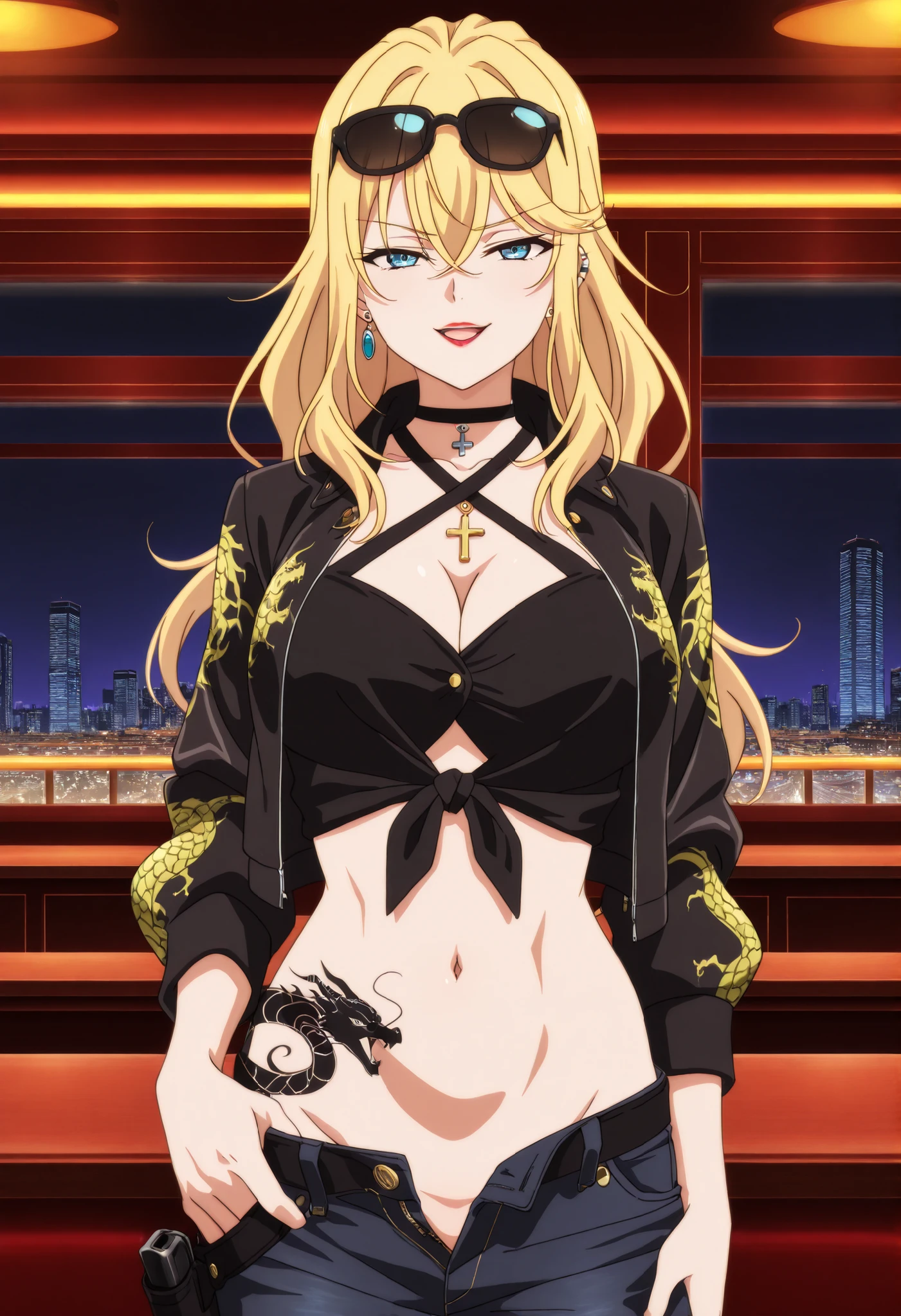 masterpiece,high quality,highres,8k,anime screencap,
1girl,blonde hair,long hair,blue eyes,bare midriff,,jewelry,necklace,
(Character),score_9, score_8_up, score_7_up, very aesthetic, source_anime, detailed, high quality, beautiful, masterpiece, detailed eyes, , cowboy shot, light smile, half-closed eyes, ,ear piercing, long hair, , lipstick, Hot girl, baddie, smoking, sensual, attractive , cross necklace, choker,jewelry, bar background, inside bar,indoors, cityscape, casino, nightclub, city lights,pull_down jeans(show off panties,:1.2, no panties),masterpiece,high
quality,4k,belly,,holding pistol,cleavage, tied shirt,,unbuttoned shirt, collared shirt, knot,
smile, open mouth, () , evil expression,belly, exposed navel, exposed
midriff, exposed lower belly,dragon print jacket, unbuttoned jeans , low rise black jeans,
Low rise jeans with open fly, motorcycle jacket, criss-cross halter with center opening,
shoulder holster, sunglasses on head, ,medium large ,looking at viewer , dragon tattoo on waist, narrowed eyes, tattoo on
waist, anipai_style , anime screencap , anime coloring, v-shape eyebrows,