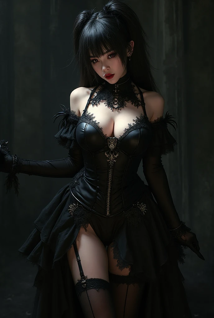 1girl,solo,dark,evil,chaos,turbulant,gothic girl,breasts out,saggy tits,gorgeous,sexy,seductive pose,dark theme,masterpiece,official art,best quality,photorealistic,ultra highres,vivid,