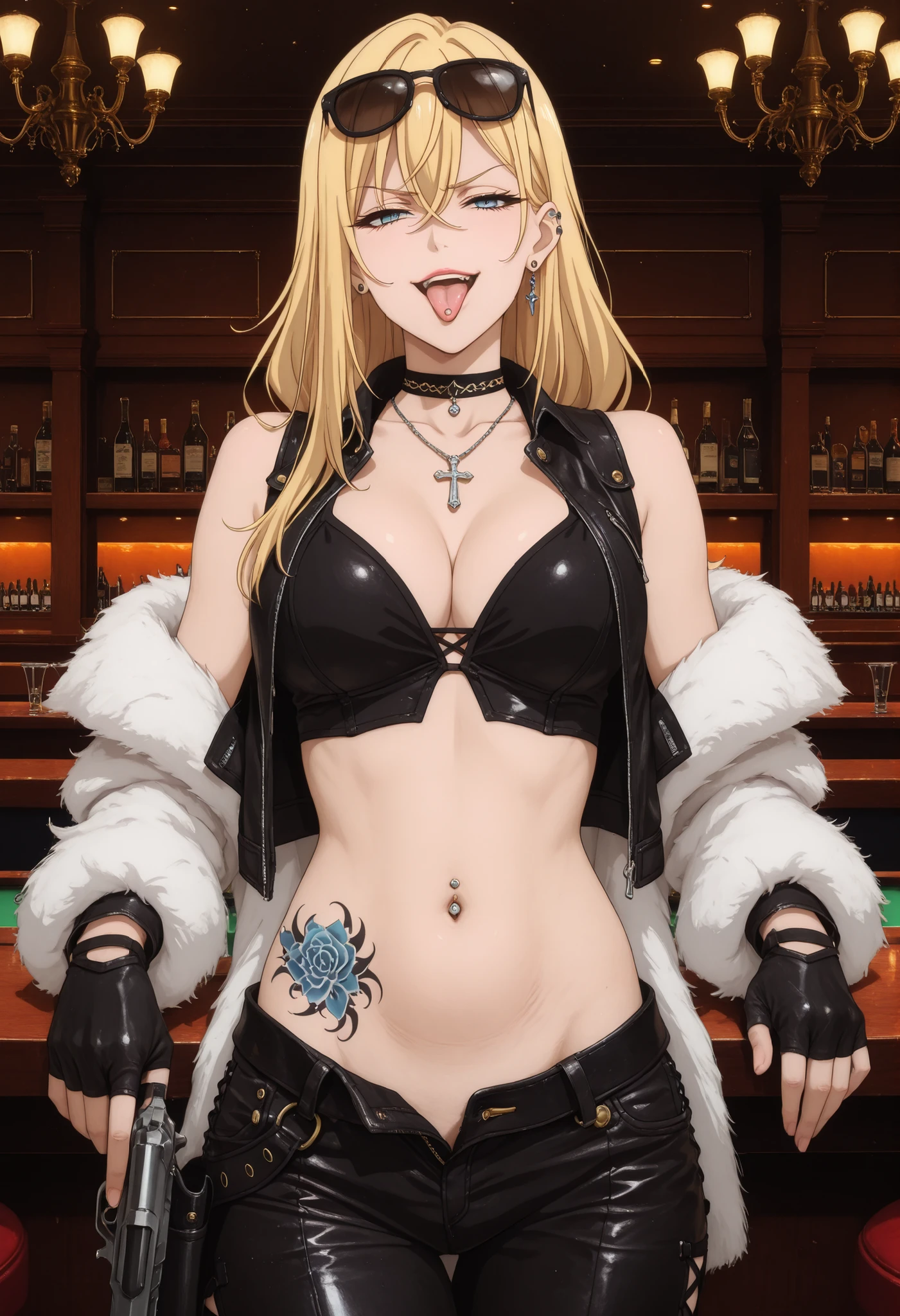 masterpiece,high quality,highres,8k,anime screencap,
1girl,blonde hair,long hair,blue eyes,bare midriff,,jewelry,necklace,
(Character),score_9, score_8_up, score_7_up, very aesthetic, source_anime, detailed, high quality, beautiful, masterpiece, detailed eyes, , cowboy shot, light smile,  half-closed eyes, ,ear piercing, long hair, , lipstick, Hot girl, baddie, smoking, sensual, attractive , cross necklace, choker,jewelry, bar background, inside bar,indoors, cityscape, casino, nightclub, city lights, fur jacket,  shoulders, white fur, , , leather pants, dark brown, fur, side inserts, belt, weapon holder, weapon, fingerless gloves, leather, forearms, sword, short, strapped, belt,cowboy shot, masterpiece, best quality, highly detailed, a girls with a gun, evil smile , open mouth,  gaze, badass pose , evil smile, smile, () , guns blazing, anime girl with long hair, beautiful long haired girl, navel, evil expression, exposed belly, exposed navel, exposed midriff, exposed lower belly, long black pants, cleavage, unbuttoned leather pants ,open fly, low rise black leather pants, leather jacket, holding a gun, holding pistol ,unbuttoned shirt, collared shirt, knot, pull_down leather pants,(show off panties,:1.2, no panties), pull_down long black pants, pull_down black leather pants, zip up leather jacket,bikini top, navel piercing, cross-laced slit,g, tongue piercing ,tongue out, open mouth,,
shoulder holster, sunglasses on head, ,medium large  ,looking at viewer , dragon tattoo on waist, narrowed eyes, tattoo on
waist, anipai_style , anime screencap , anime coloring, v-shape eyebrows, 
