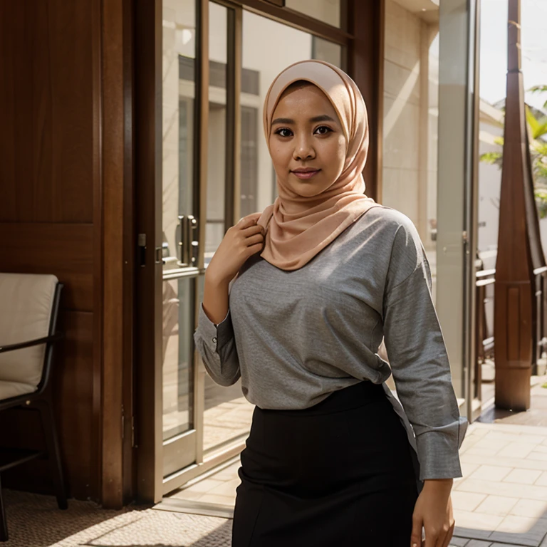Malay woman in hijab,dressed in turtleneck shirt,dressed in black jeans,standing