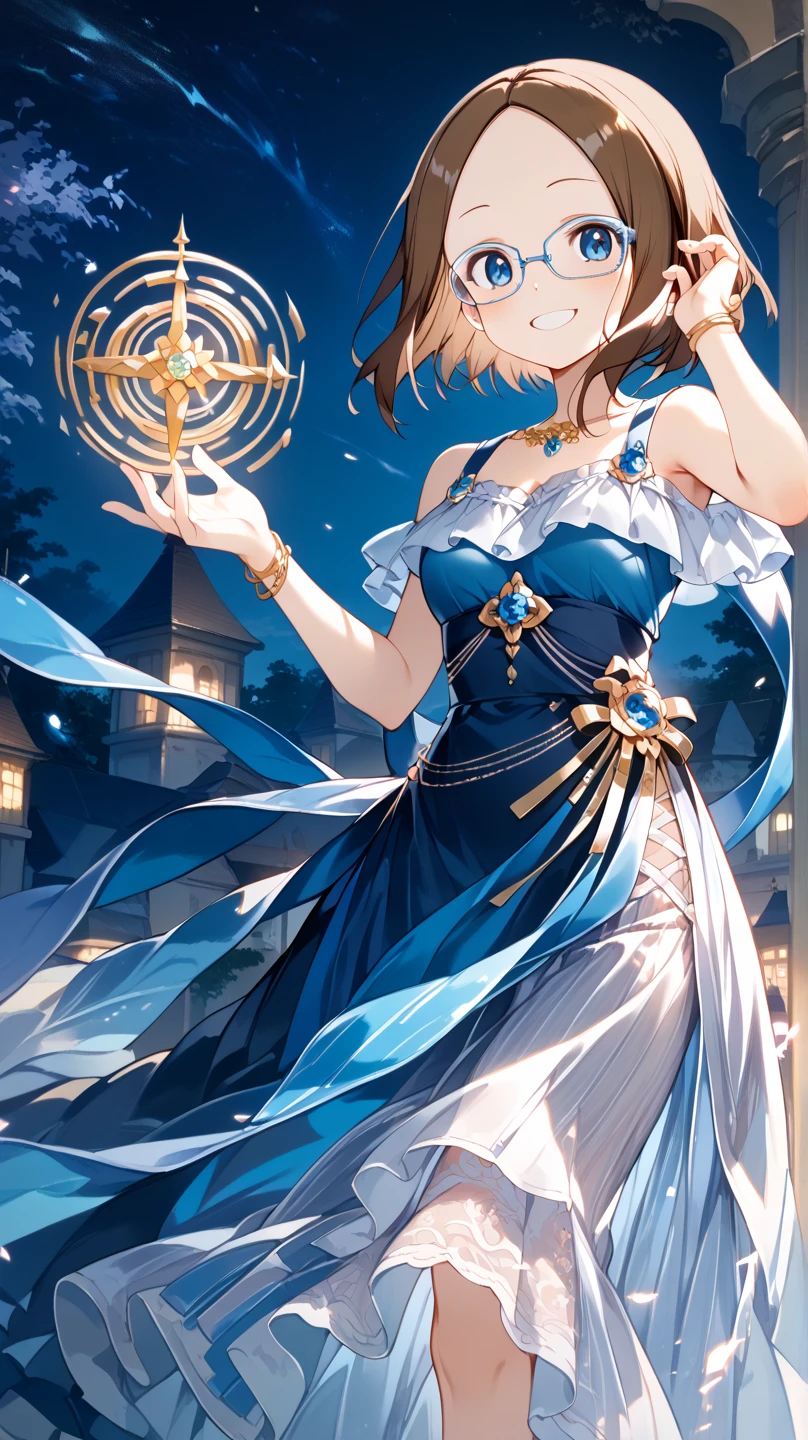 Brunette beauty，Wear a white hooded tunic，Brown cape， legged，Wear a circle of flowers and plants on your head，Short brunette hair，Wear white hairpins，Standing among the sunny mountains and forests，With a bright and healing smile，Reach for the camera，Blue-purple high heels，Ruddy complexion，one eye wink，Wear a large bow on your head，Best quality at best，tmasterpiece