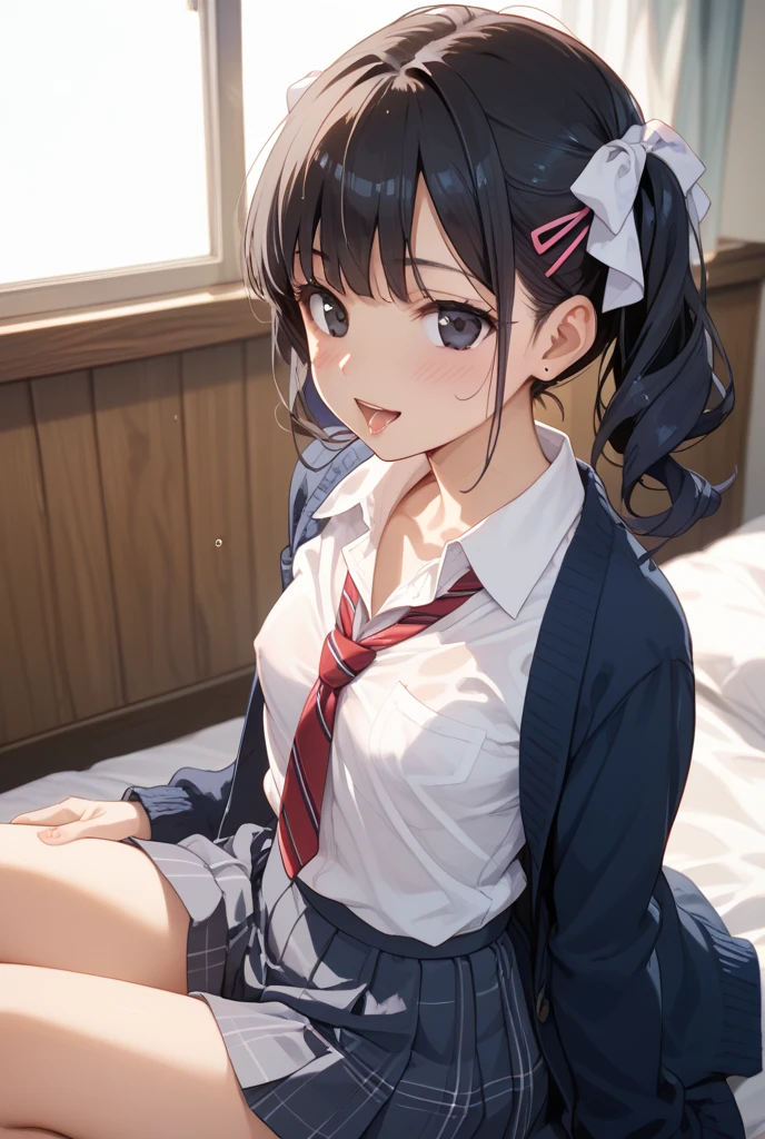 skirt lift,skirt hold,from front,front view,looking at viewer, looking ahead,from above,cowboy shot,1girl,Beautiful 11 year old girl,Japanese,Slender,,low length,Small breasts,Thin legs,Small Ass,Baby Face,Small face,Black Hair,one side up,Gray Eyes,Drooping eyes,middle School girls,uniform,Short sleeve shirt,Checked tie,Checked mini skirt,socks,open mouth,tongue out,front face,Kneeling,Straight Stand,Beautiful and detailed anime art,Mischievous smile,Sexy vibe,cum on tongue,Dimly lit room,On the bed,Simple Background,Gray background,Low lighting,