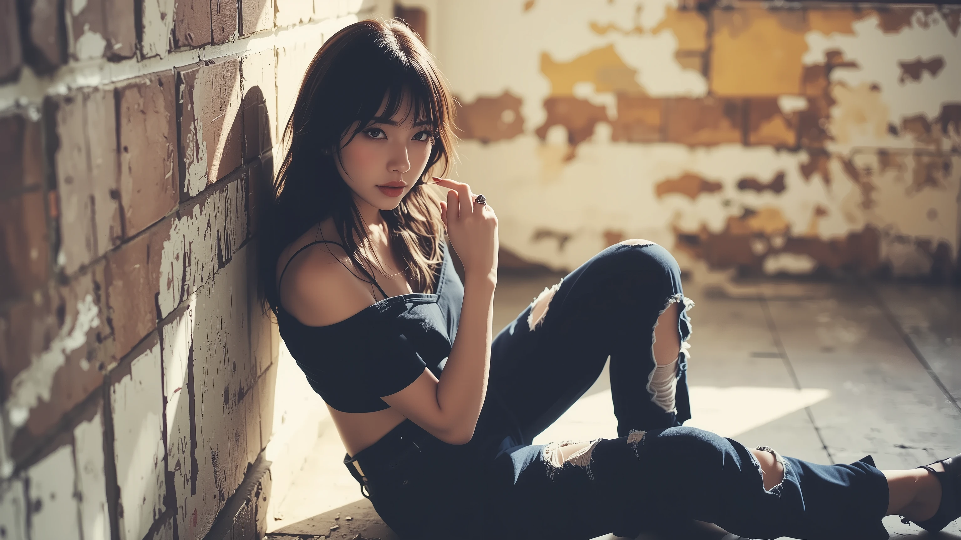 one woman、solo、best quality, perfect depiction, dark corner shot, black long sleeve top with open shoulders, Stylish Damaged Denim, sitting and leaning against the wall,Boundary of Darkness, The Formative Beauty of Shadows, tense air, monochrome color, Artistic Shadows