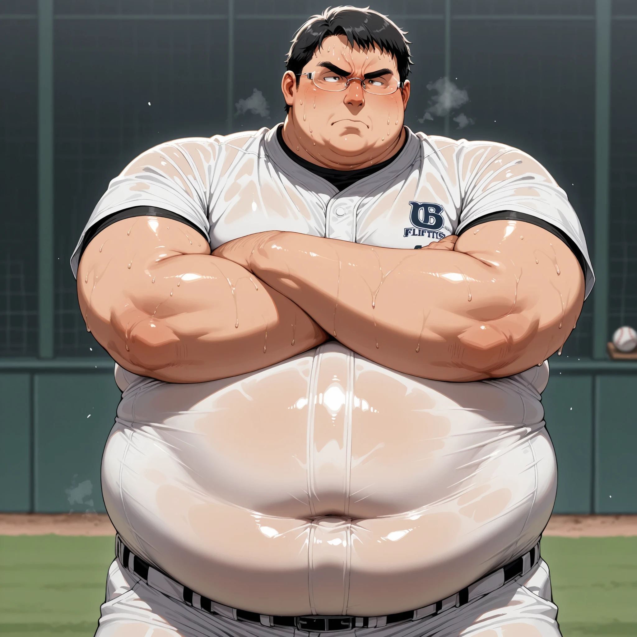 obese fat man,male focus,covered (big stomach:1.3),rimless glasses, baseball coach ,Japanese,serious,age fifties,sweat ,crossed arms,black short hair,solo,chubby face
