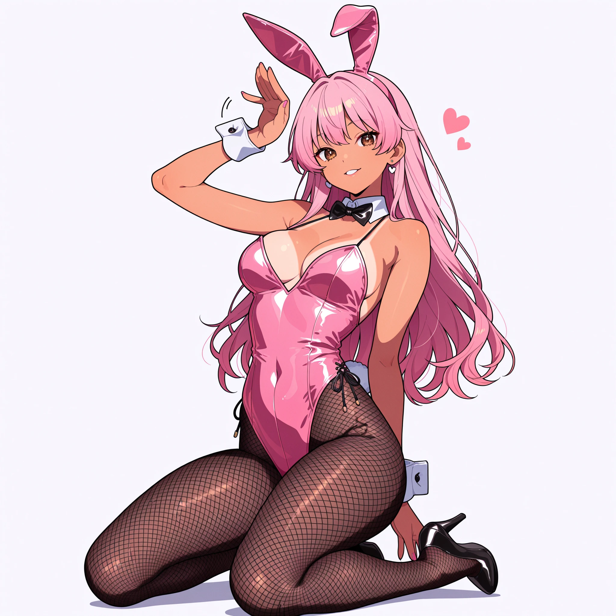 zero two \(darling in the franxx\), 1girl, animal ears, armband, ass visible through thighs, bangs, blush, bow, bowtie, breasts, covered navel, cowboy shot, detached collar, fake animal ears, fishnet pantyhose, fishnets, from below, groin, horns, leotard, long hair, looking at viewer, looking down, medium breasts, multicolored background, pantyhose, pink hair, playboy bunny, rabbit ears, red leotard, skin tight, solo, straight hair, thighs, smug, wrist cuffs <lora:zerotwo_offset:1>