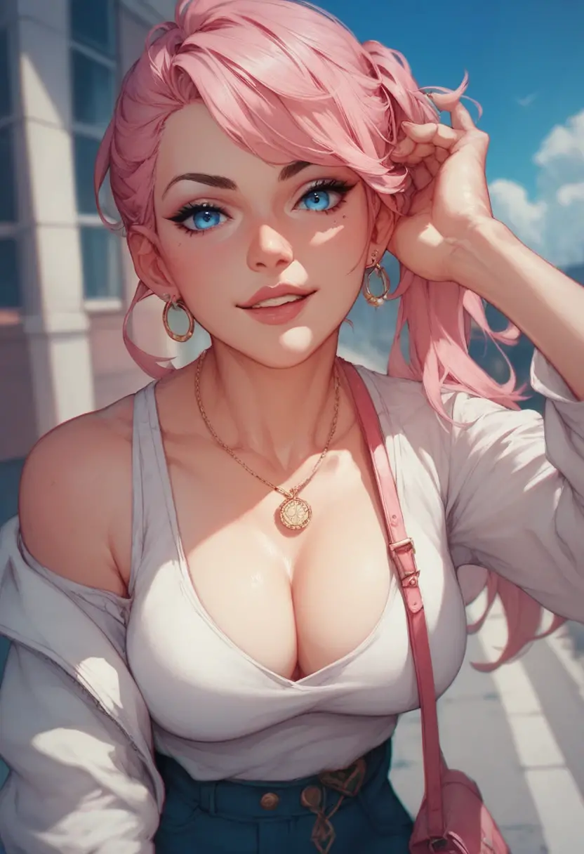 (masterpiece, best quality, highres:1.2), (intricate and beautiful:1.2), (detailed light:1.2), (colorful, dynamic angle), 1 young cute girl, 18yo, pink hair, medium tits, sweaty, beach, upper body shot, fashion photography,dynamic pose, soft light passing through hair, (official art), (cinematic),