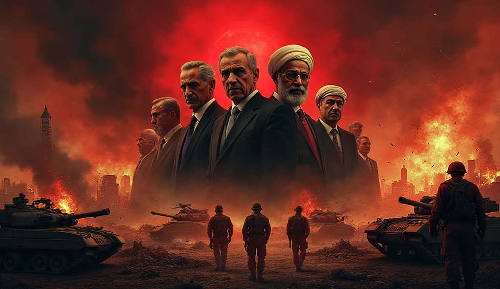 generate image using this prompt "A war-torn Syrian cityscape under a smoky sky, with different foreign flags (Russia, Iran, Turkey, USA) subtly placed over shadowy figures representing their influence. In the center, Syrian President Bashar al-Assad stands with Russian tanks behind him. To one side, Iranian-backed militias carry Shia flags; on the other, Turkish-backed fighters with light arms. U.S. soldiers discreetly fund or train rebel groups in the background, while a dark, menacing ISIS flag rises from the ruins to symbolize chaos. The overall tone is tense and fragmented, highlighting a multi-sided proxy war. Dramatic lighting, muted color palette with smoky greys, browns, and dark reds."


