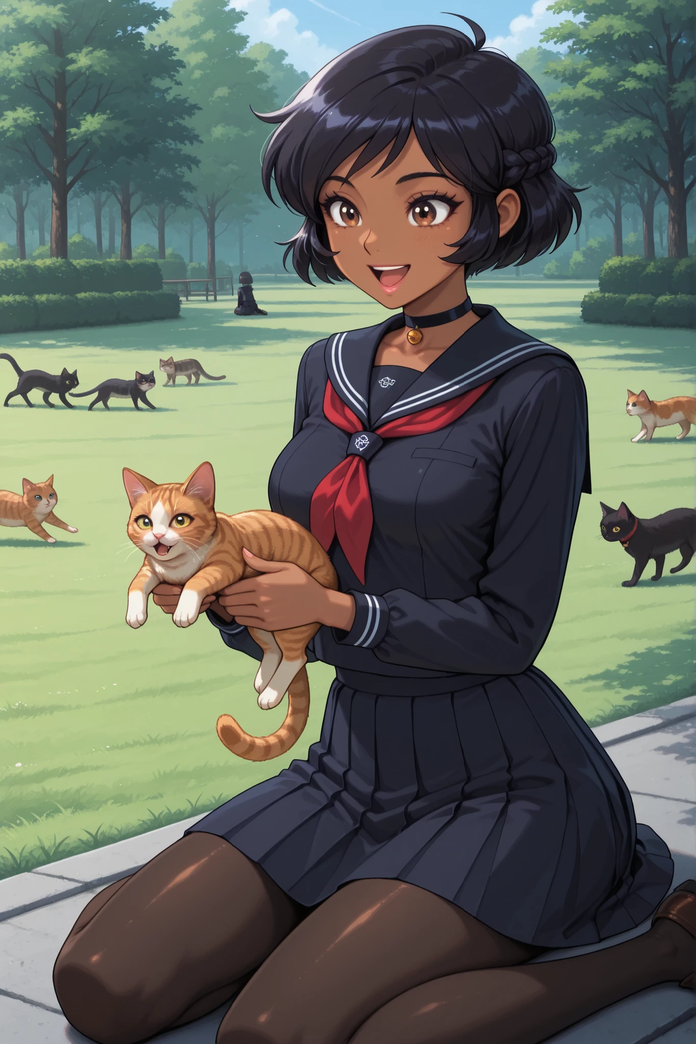 masterpiece, best quality, good quality, cartoon, totally_spies_2k24 alex, black hair, short hair, brown eyes, dark-skinned female, pink lips, medium breasts, choker. | girl_with_cats, cat, animal, holding animal,multiple cats, cats running, cats jump,girl surrounded by many cats, solo, 1girl, ahoge, smile, long sleeves, pantyhose, black serafuku, skirt, white shirt, outdoors, sailor collar, sitting on lawn square,wariza, braid, holding open mouth, smile,park, masterpiece,best quality,amazing quality,ultra detailed, very aesthetic,absurdres,skinny,general,highres, ultra-detailed, amazing quality, newest, scenery,beautiful detailed hair, beautiful detailed eyes, beautiful detailed face, dynamic lighting, super detailed skin,sharp focus,