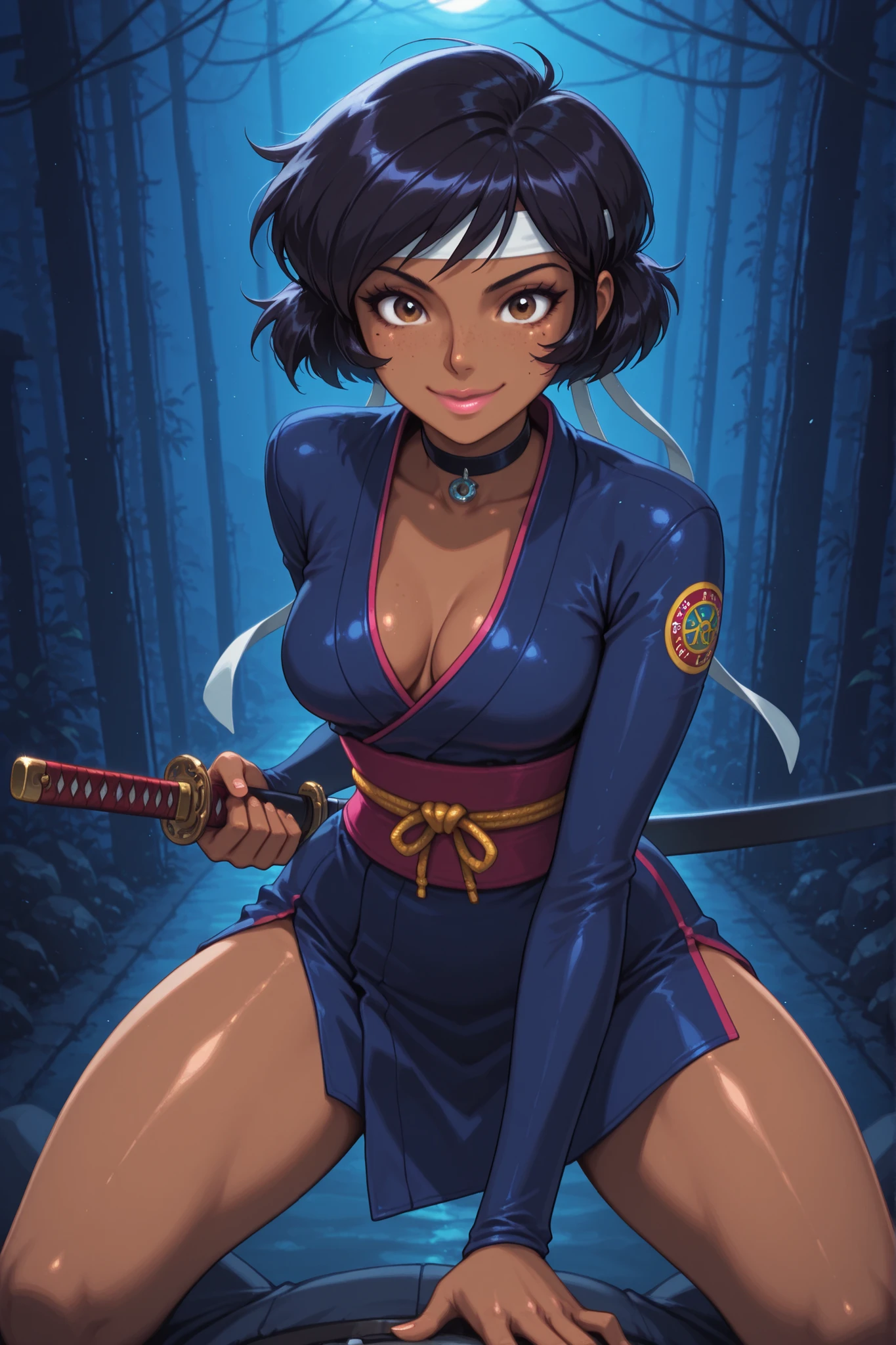 masterpiece, best quality, good quality, cartoon, totally_spies_2k24 alex, black hair, short hair, brown eyes, dark-skinned female, pink lips, medium breasts, choker. | score_9, score_8_up, score_7_up, score_6_up, score_5_up, masterpiece, best quality,stunning visuals,realistic lighting,cinematic composition, masterpiece, best quality, perfect light, sharp shadows, 1 woman, (freckles on cheeks)), smile, thick thighs wearing kendo-gear, headband with japanese symbol, katana, ((crazy smile)), fighting pose, face focus,