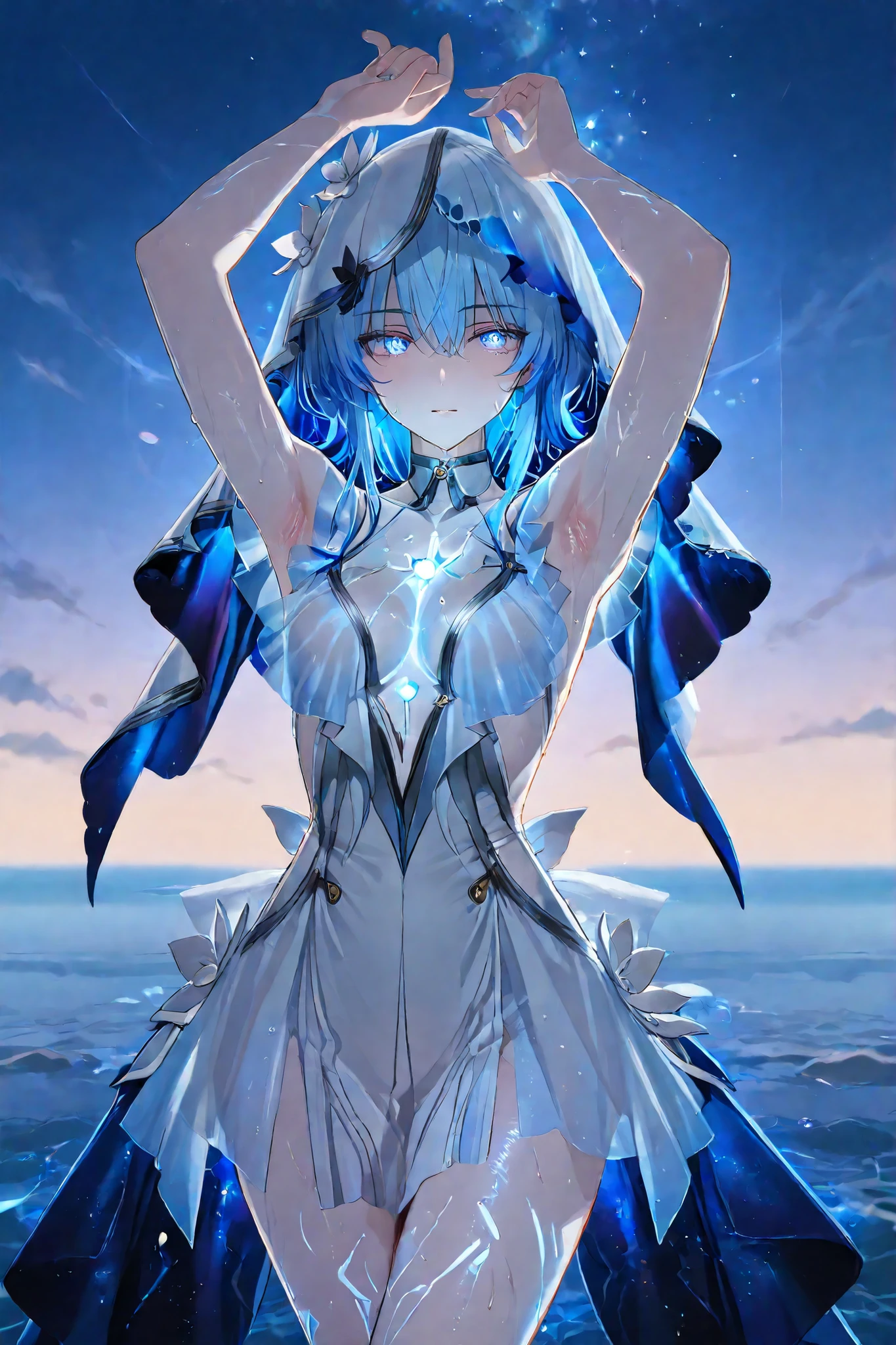 ,shorekeeper (Wuthering Heights), 1 girl , blue eyes, Glowing Hair, beautiful body, soft lips , Ultra HD Eyes , Super HD Eyes , Glowing Eyes, Ultra HD Body,Ultra High Definition Body,Hyper Realistic Body, Cosmic Background Radiation , Ultra high quality art, Beautiful Dress, Clear Veil, Ocean Background, Raise Your Arms to Show Your Armpits , ((Showing Sweaty Underarms)) , legs crossed , ((I showed my legs)) Amazingly Slim Body ,viewers , Quality_masterpiece , anatomically accurate , beautiful faces , perfect face , 非常に詳細なbeautiful facesと目 , attractive face on back , detailed face , delicate facial features , enchanting , with a kinky and sensual expression , young woman , White skin glowing with sweat ,