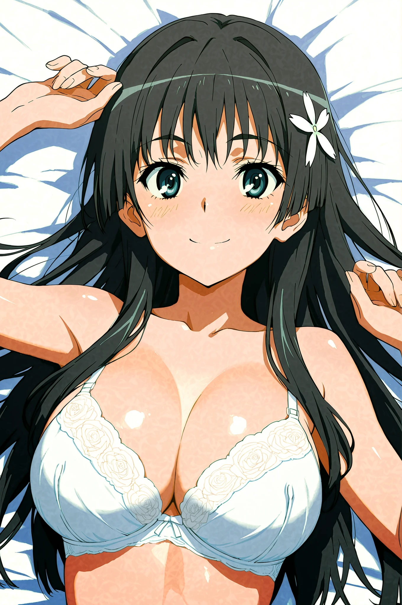 score_9,score_8_up ,score_7_up ,score_6_up ,score_5_up ,score_4_up ,(source_anime), clip skip:2,(masterpiece:1.3), (Saten Ruiko), masterpiece, highest quality, UHD, retina, anime color,masterpiece, accurate , super detailed, high quality, best quality, 8k,white bra,large ,(更衣室),smile,on back,