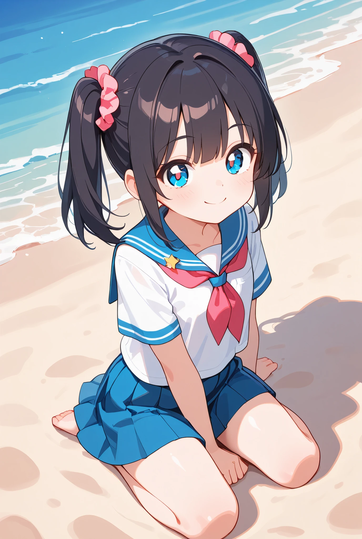 Idol Beautiful Girl, Twinkle Big Eyes, Slender Body, Small Bust, cute smile, school uniform,Beach,is fun, dark hair color,twin tails