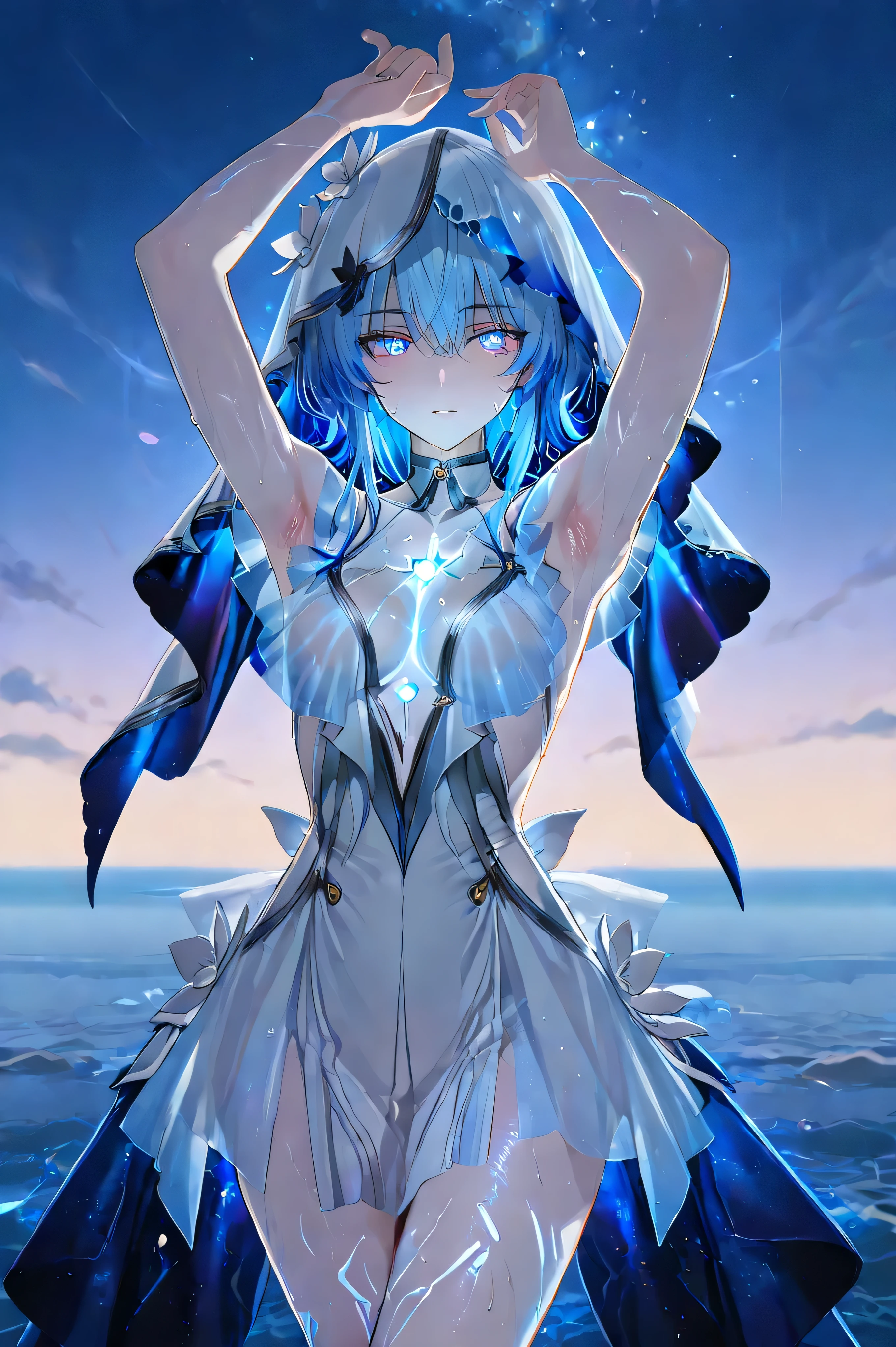 ,shorekeeper (Wuthering Heights), 1 girl , blue eyes, Glowing Hair, beautiful body, soft lips , Ultra HD Eyes , Super HD Eyes , Glowing Eyes, Ultra HD Body,Ultra High Definition Body,Hyper Realistic Body, Cosmic Background Radiation , Ultra high quality art, Beautiful Dress, Clear Veil, Ocean Background, Raise Your Arms to Show Your Armpits , ((Showing Sweaty Underarms)) , legs crossed , ((I showed my legs)) Amazingly Slim Body ,viewers , Quality_masterpiece , anatomically accurate , beautiful faces , perfect face , 非常に詳細なbeautiful facesと目 , attractive face on back , detailed face , delicate facial features , enchanting , with a kinky and sensual expression , young woman , White skin glowing with sweat ,