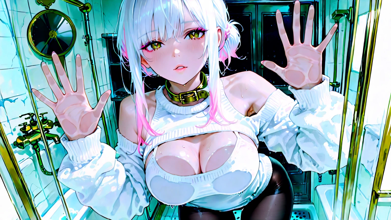 silver hair, pink eyes, , neko