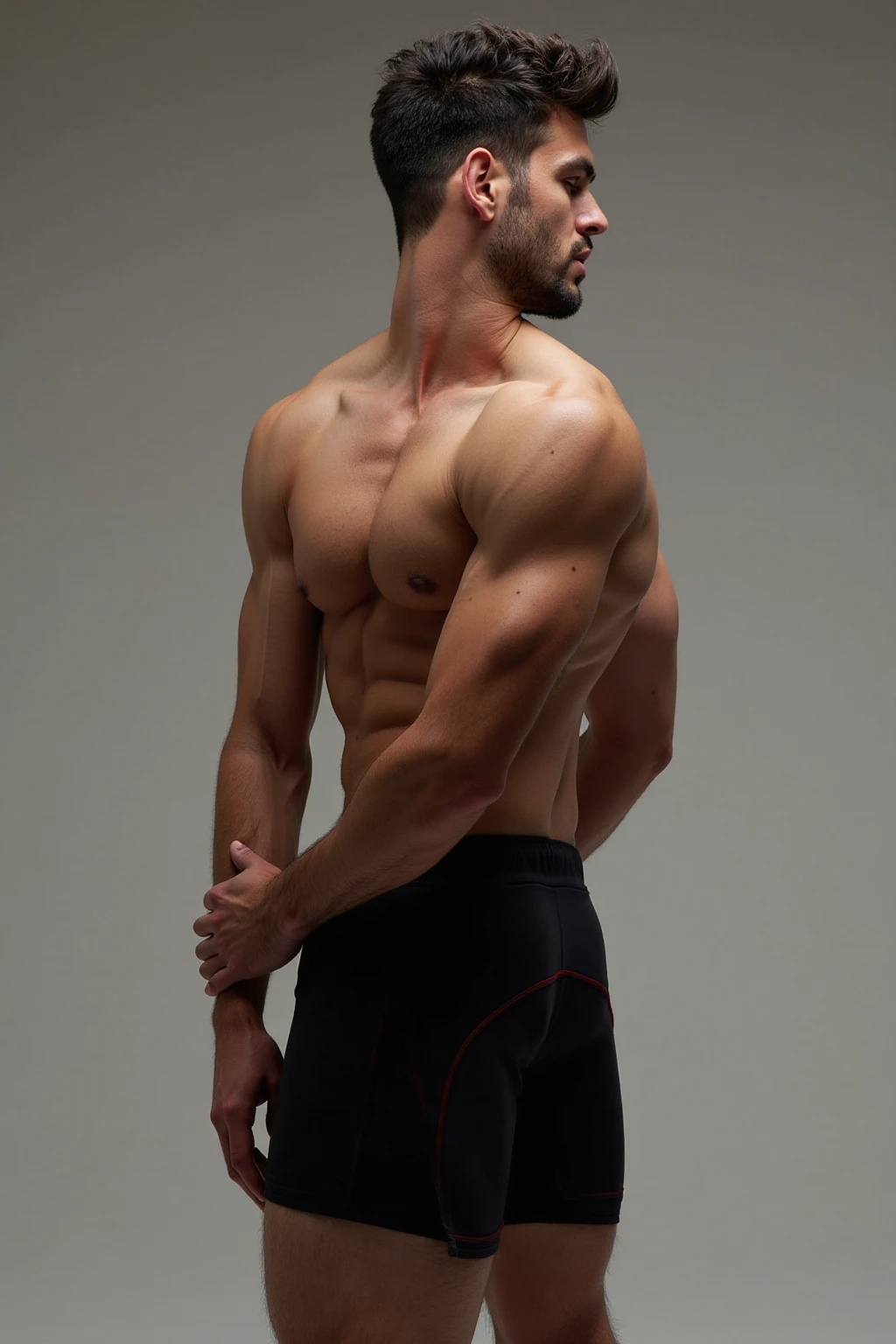 three-quarter view. fit nude guy with male genital anatomy, relaxed pose, (muscular upper body:1.5), (wide shoulders:1.5), (thin waist:1.25), (narrow hips:1.25)