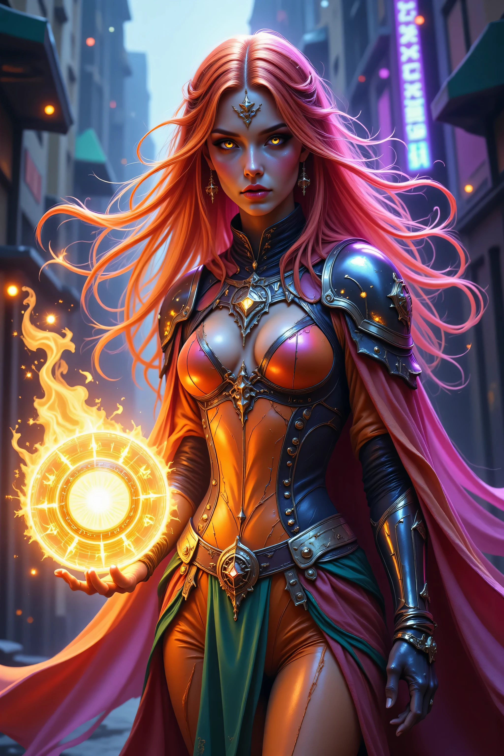 zavy-dtlnm,FntsyPstlCE style,Colorful,a portrait of a female elf (intense details, Masterpiece, best quality) fantasy cleric, fantasy celestial guardian, armed with a holy symbol, shinning holy symbol, metallic shine, an ultra wide shot, full body (intense details, Masterpiece, best quality)epic beautiful woman, hair with two colors red and blond, , rich hair, glowing eyes, action shot, colorful magical sigils in the air, colorful divine markings floating, holding a holy symbol (intricate details, Masterpiece, best quality), fantasy urban street (intense details, Masterpiece, best quality), multi colored cloak cloak, long cloak, orange armor, sense of daring, sense of adventure, high details, best quality, 16k, [ultra detailed], masterpiece, best quality, (extremely detailed), dynamic angle, ultra wide shot, photorealistic, RAW, fantasy art, dnd art,fantasy art, realistic art