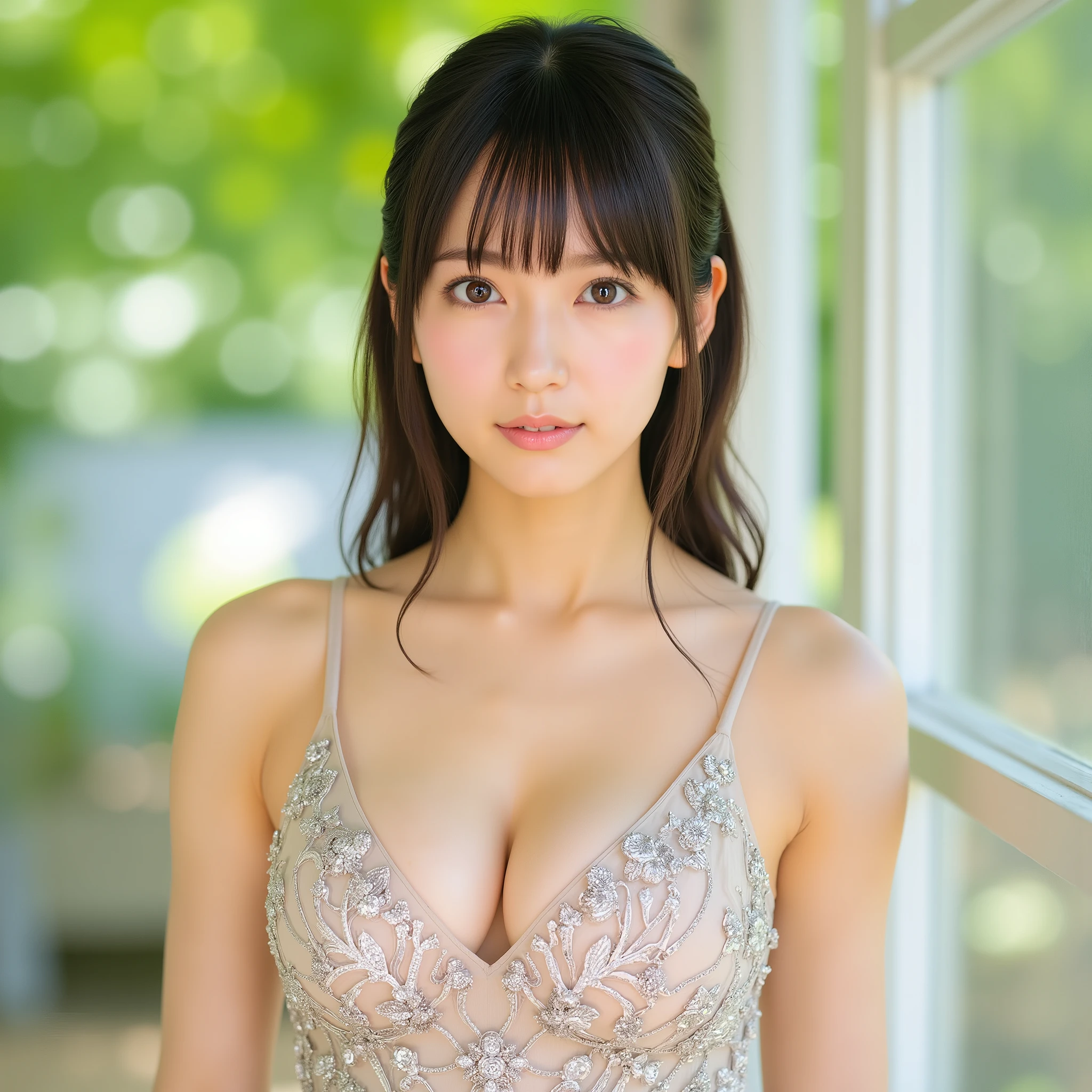 Nostalgia Day, (super detailed:1.30), (absurd:1.30), (Ultra Realistic Full Body Portrait Photo:1.25), ( super detailed and clear focus :1.20), (Woman in center of image:1.5), (At the Wedding, She Stares at Me, Smiles, and Throws a Kiss Full Body Shot:1.5), (Studio Lighting That Illuminates the Whole Body:1.10), (Taken on a clear day:1.5), BREAK,
(Silk Camisole Dress for the Wedding Day at Church, Tube Top Dress, Tight and Flared Skirt, Trendy Wedding Dress, BREAK,
(super detailed beautiful Japanese female idol:1.10), (super detailed beautiful slender and glamor:1.9), (perfect :1.15)), (Cute Smiles:1.3), (super detailed big eyes, double eyelids), BREAK, No Wedding Veil, No Hair Ornaments,
((super detailed upturned beautiful , Deep Cleavage F Cup :1.5)), Deep V Neck, ((Super Skin-Perfect Outfit:1.8), BREAK,
(super detailed finely textured shiny oily skin:1.5), (shiny skin), ((Wavy Curly Hair, Symmetrical bangs, super detailed美しく輝く髪:1.5)), (light brown hair), BREAK,
(Full body photo:1.5), dynamic angles, The golden ratio, BREAK,