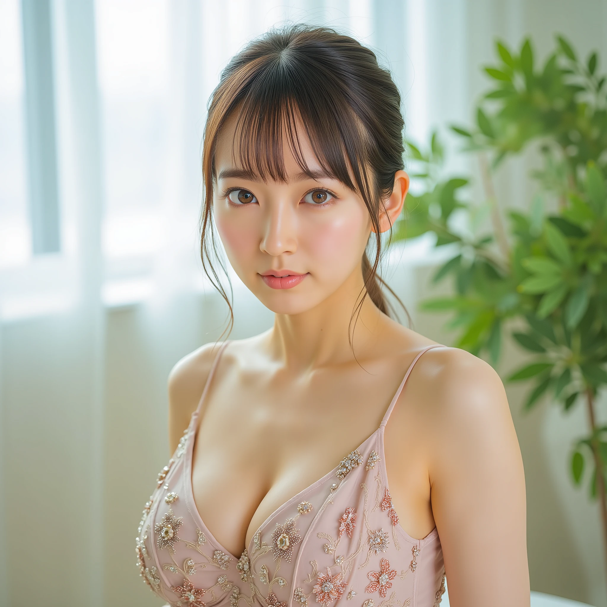 Nostalgia Day, (super detailed:1.30), (absurd:1.30), (Ultra Realistic Full Body Portrait Photo:1.25), ( super detailed and clear focus :1.20), (Woman in center of image:1.5), (At the Wedding, She Stares at Me, Smiles, and Throws a Kiss Full Body Shot:1.5), (Studio Lighting That Illuminates the Whole Body:1.10), (Taken on a clear day:1.5), BREAK,
(Silk Camisole Dress for the Wedding Day at Church, Tube Top Dress, Tight and Flared Skirt, Trendy Wedding Dress, BREAK,
(super detailed beautiful Japanese female idol:1.10), (super detailed beautiful slender and glamor:1.9), (perfect :1.15)), (Cute Smiles:1.3), (super detailed big eyes, double eyelids), BREAK, No Wedding Veil, No Hair Ornaments,
((super detailed upturned beautiful , Deep Cleavage F Cup :1.5)), Deep V Neck, ((Super Skin-Perfect Outfit:1.8), BREAK,
(super detailed finely textured shiny oily skin:1.5), (shiny skin), ((Wavy Curly Hair, Symmetrical bangs, super detailed美しく輝く髪:1.5)), (light brown hair), BREAK,
(Full body photo:1.5), dynamic angles, The golden ratio, BREAK,