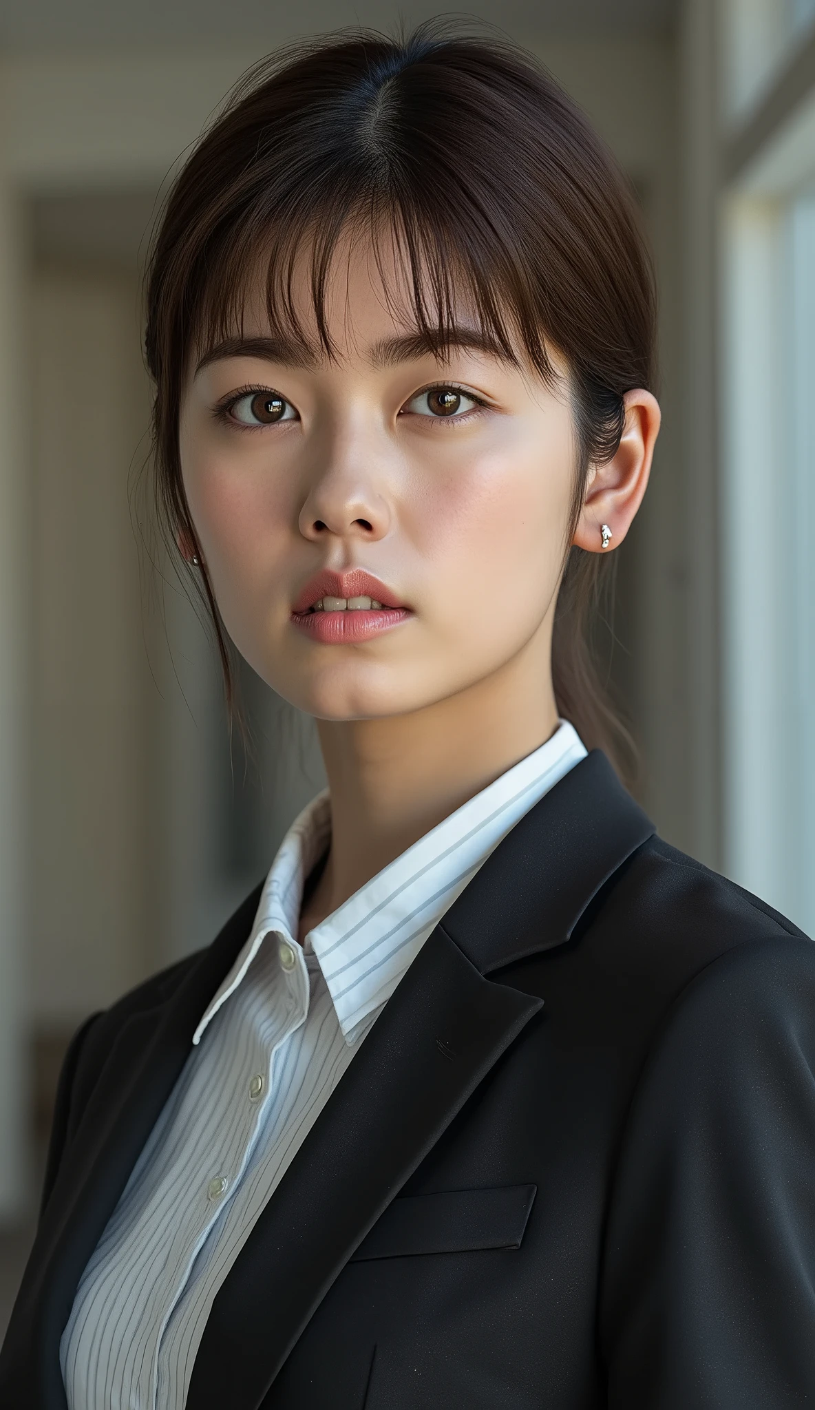 Neat Young Woman、looking at the camera、office lady suit、jacket、shirt、necklace、Ear piercings、無表情、、、hairstyle semi-long、No expression、背景はオフィスface close-up、