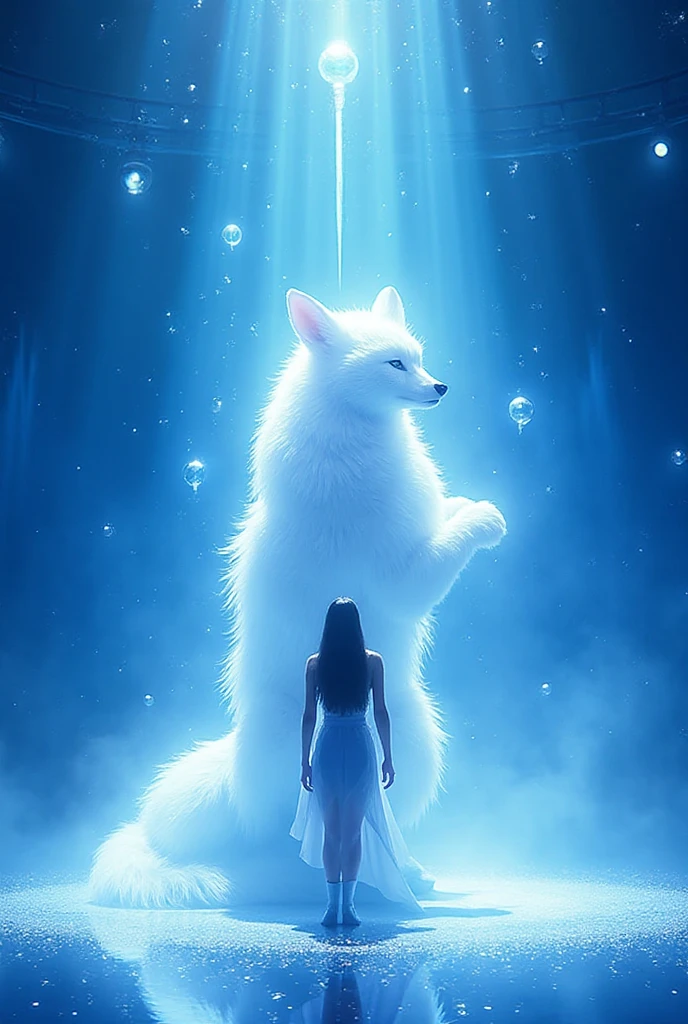 Lightstick kpop, soloist qui s'appelle Fuyu, centre renard blanc, sol et plafond bleu froncer, lumière blanche au dessus, des flocons, sphère ronde transparente, dans un lightstick 