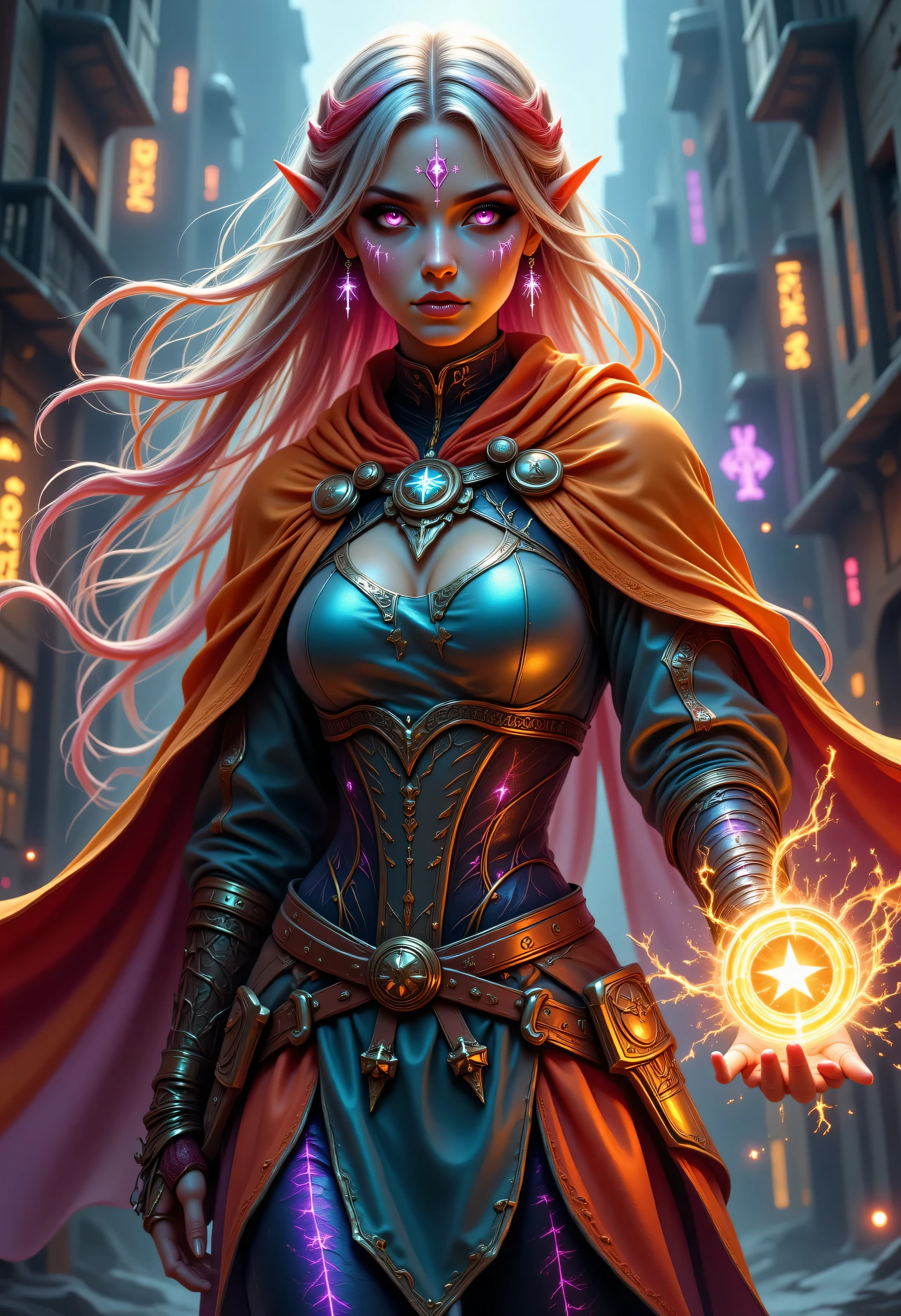 Colorful,FntsyPstlCE style,mad-arcnsmbls,,a portrait of a female elf (intense details, Masterpiece, best quality) fantasy cleric, fantasy celestial guardian, armed with a holy symbol, shinning holy symbol, metallic shine, an ultra wide shot, full body (intense details, Masterpiece, best quality)epic beautiful woman, dual  colored hair blond hair and red hairm , rich hair, glowing eyes, action shot, colorful magical sigils in the air, colorful divine markings floating, holding a holy symbol (intricate details, Masterpiece, best quality), fantasy urban street (intense details, Masterpiece, best quality), multi colored cloak cloak, long cloak, orange armor, sense of daring, sense of adventure, high details, best quality, 16k, [ultra detailed], masterpiece, best quality, (extremely detailed), dynamic angle, ultra wide shot, photorealistic, RAW, fantasy art, dnd art,fantasy art, realistic art