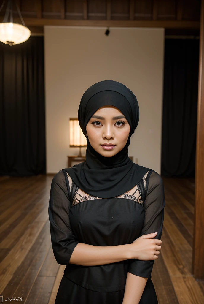 Half body portrait of a 33 years old malay woman sit in front of giant mirror, wearing hijab, wearing yellow mustard leotard with satin green slack, narrow waist, indoor shot, looking up at coffee shop sign, soft lighting, smirk face, circle bokeh , big , catwalk, morningtime, surrounded by a comfortable, cool atmosphere, looking at the viewer. (Skin details:1.3), hairy hands, Hijab, slim, red lips, with bokeh camera background