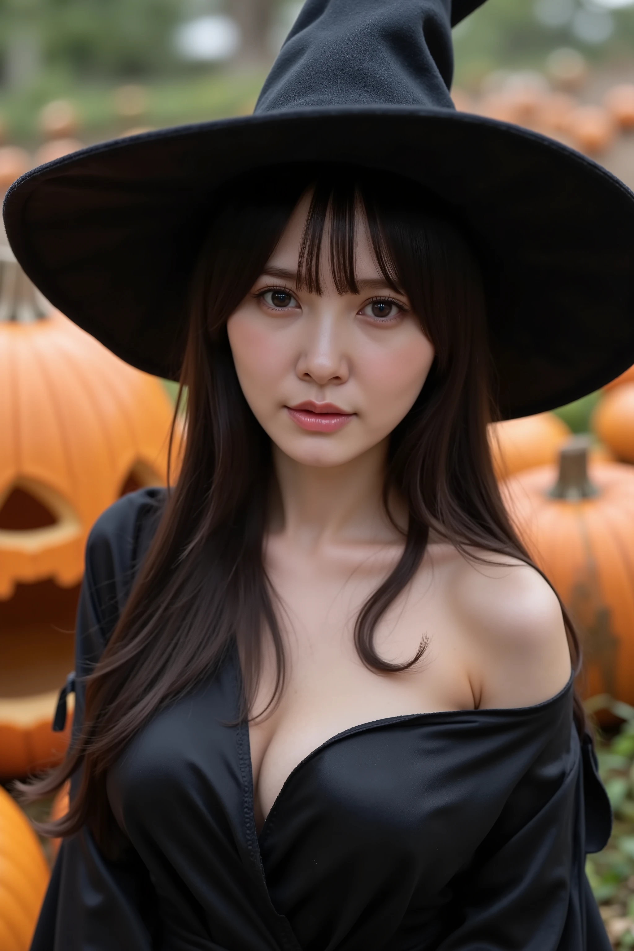 This photo captures a beautiful Japanese woman.
There's a large Jack-o'-lantern in the background.
She's wearing a witch's hat and a black robe.
The robe is bare at the shoulders.
The image is very high resolution, with clear skin texture.
The focus is very sharp and focused on her face.
This is an ultra-high resolution image.
Her facial expression is sexy.
She is facing forward.
She has shiny black hair.
Her skin is beautiful, fair, fine-grained, and even.
Her breasts are medium and firm.