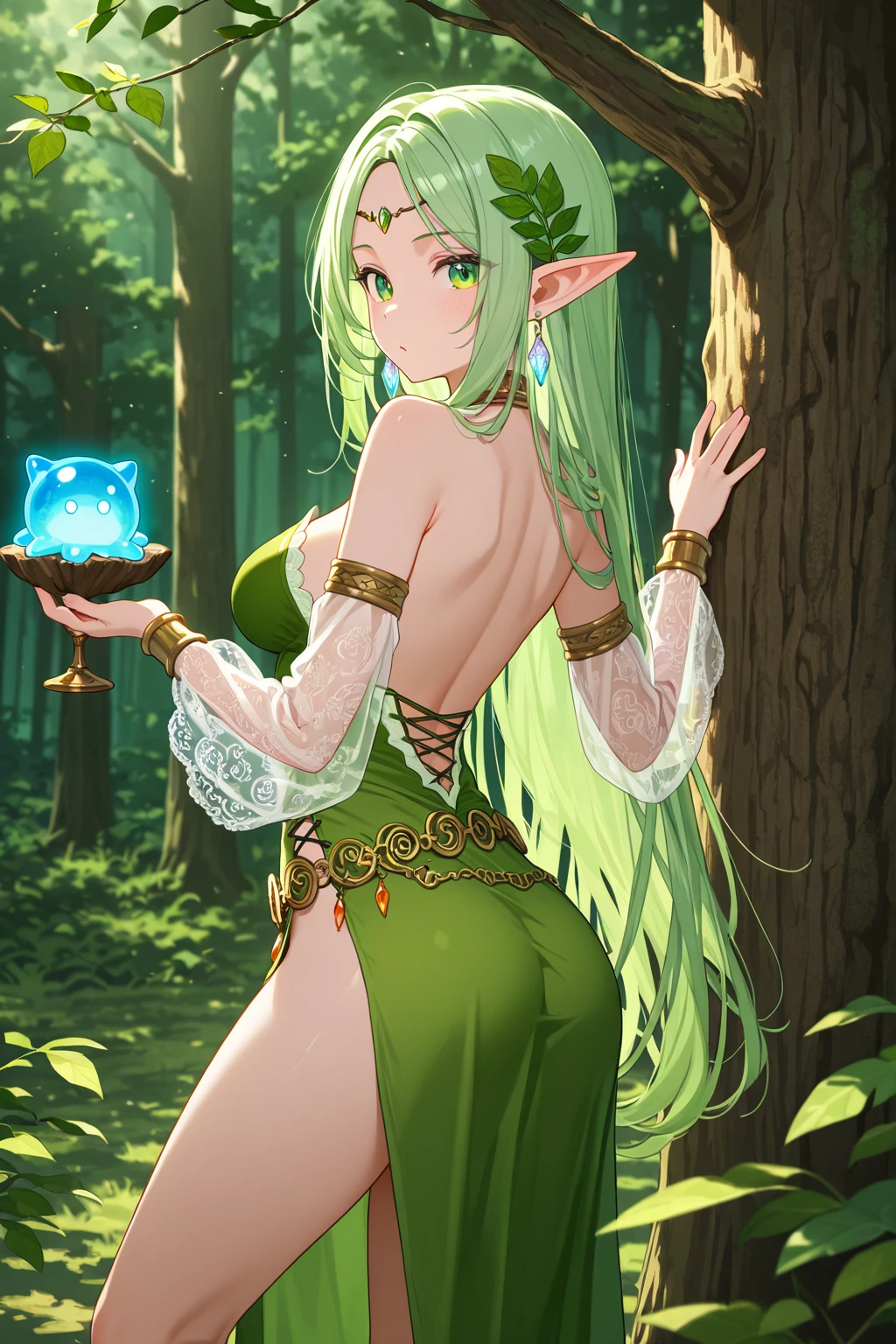 Big elf, green hair, hot figure, big beauty, delicate and beautiful face, full body portrait, big eyes, absolutely beautiful face, big, transparent tulle,  and alluring, surprisingly large bust, kneeling in front of the spring of life