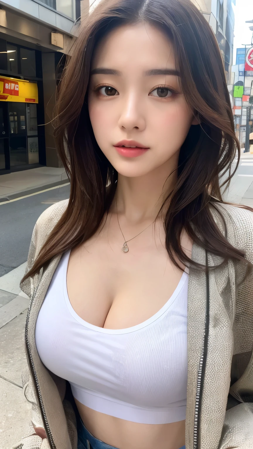 ((Best quality, 8k, Masterpiece :1.3)), Sharp focus :1.2, A pretty woman with perfect figure :1.4, Slender abs :1.2, ((Dark brown hair,  :1.2)), (White button up long shirt :1.1), City street:1.2, Highly detailed face and skin texture, Detailed eyes, Double eyelid