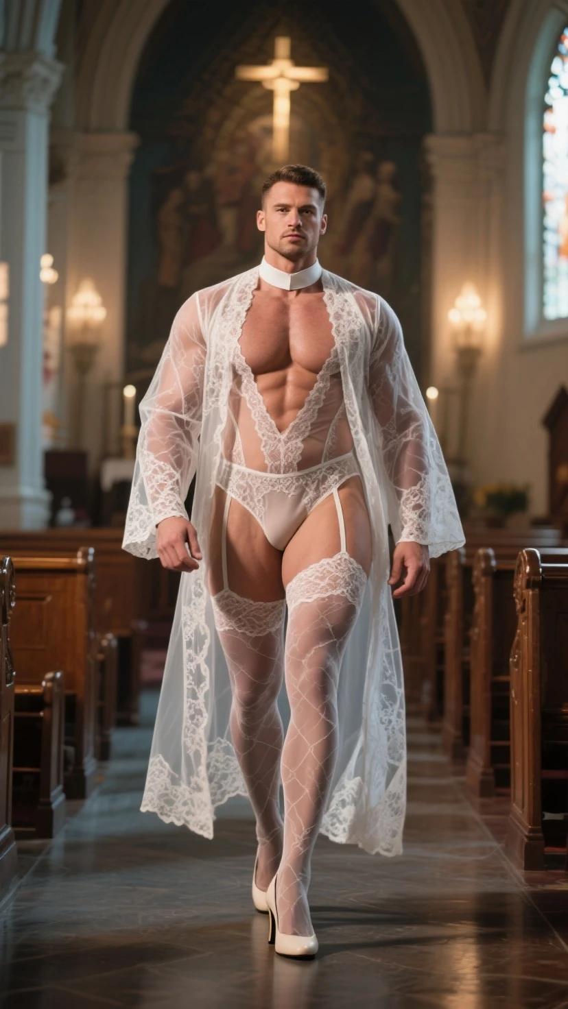 lac34rmor, wearing (white lace bodysuit), see-through, dynamic pose, fantasy city background,, realistic, masterpiece, intricate details, detailed background, depth of field, photo of a man,