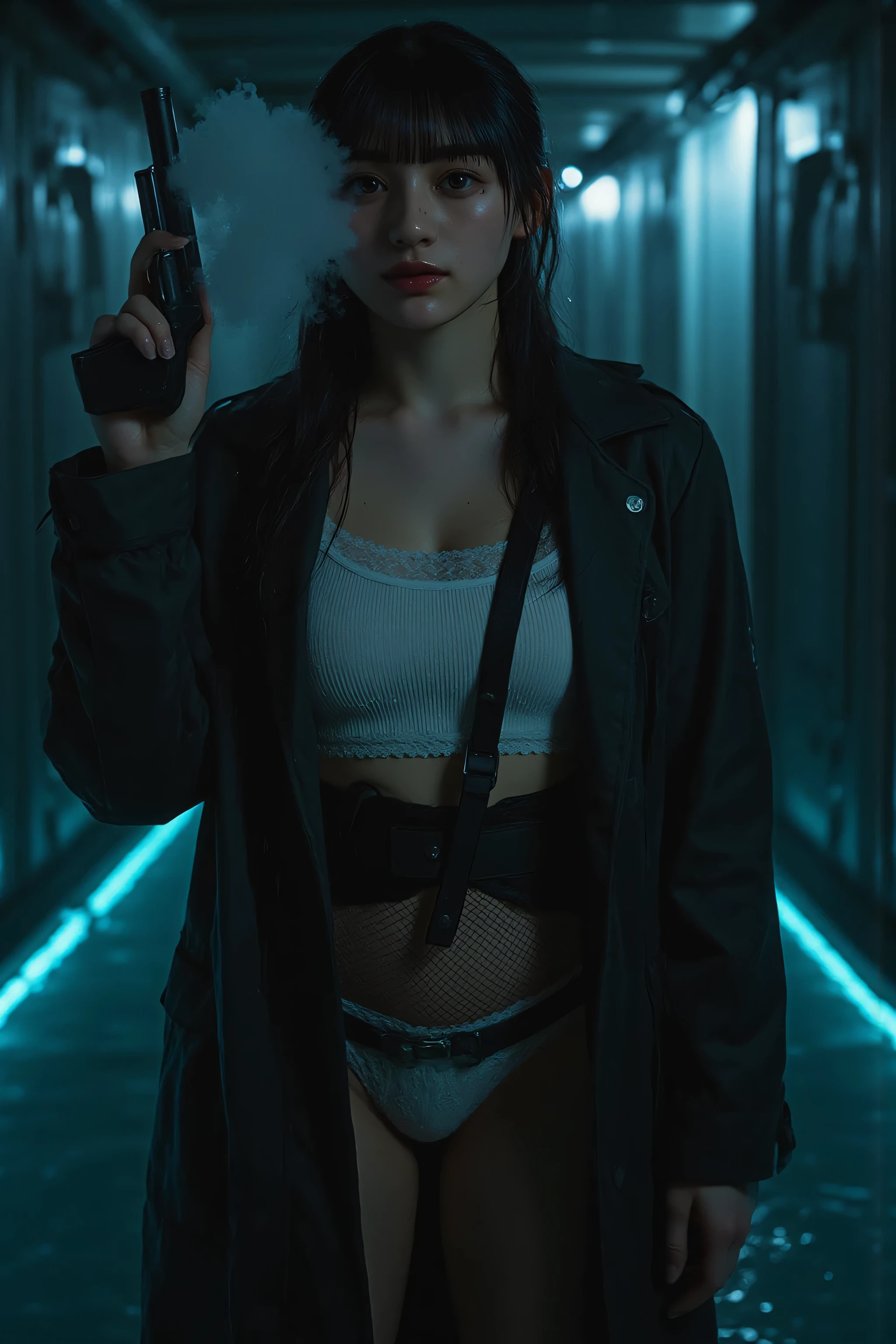 (((Inside the dark spaceship Nostromo ship:2.0))),((Inside a dark science facility pool:2.0)),(((HR Gigger Style Super Cyberpunk Vibe:2.0))),((((smoke:2.0)))),((holding a revolver handgun in one hand:2.0)),standing in the teacher's house,one woman,(cute face:1.5),(Beautiful well-balanced face :1.5),(Wavy Black Hair:1.7),(beautiful eyes:1.3),glamorous shot of a 20-year-old Japanese woman,(Beautiful slender body:2.0),((model body type:2.0)),((slim body:1.7)),perfect body line,ideal proportions,((BIG BREASTS:2.0)),((スリーサイズ90-58-86:3.0)),((F cup chest:1.5)),big boobs,Bare thighs,sensual thighs,delicate body,(muscular:1.7),a harmonious posture,((Realistic breast depiction :1.7)),carefully depicts her limbs based on perfect anatomy,((wet future white tank top:2.0)),((((White low-rise super micro panties:2.0)))),((((Tactical Holster with Harness:2.0)))),((Tactical Holster:1.5)),((Black Military Coat with Front Open Over Leotard:2.0)),((BLACK MESH FISH TIGHTS:2.0)),((((The whole round glasses:2.0)))),Concept Art,(Highest Quality:1.5),(masterpiece:1.5),(超高Resolution),Resolution,UHD,(delicate depiction),carefully drawn,32k,((Realistic Skin Texture:1.5)),(((ULTRA REALISTIC:1.5))),carefully drawn eyelashes,with a very detailed face,highly detailed female hands, Sexy appearance ,very sensual,(Blurry, dim background:1.5),professional photo shoot,(Movie Lights:2.0),((film noir style lighting:2.0))