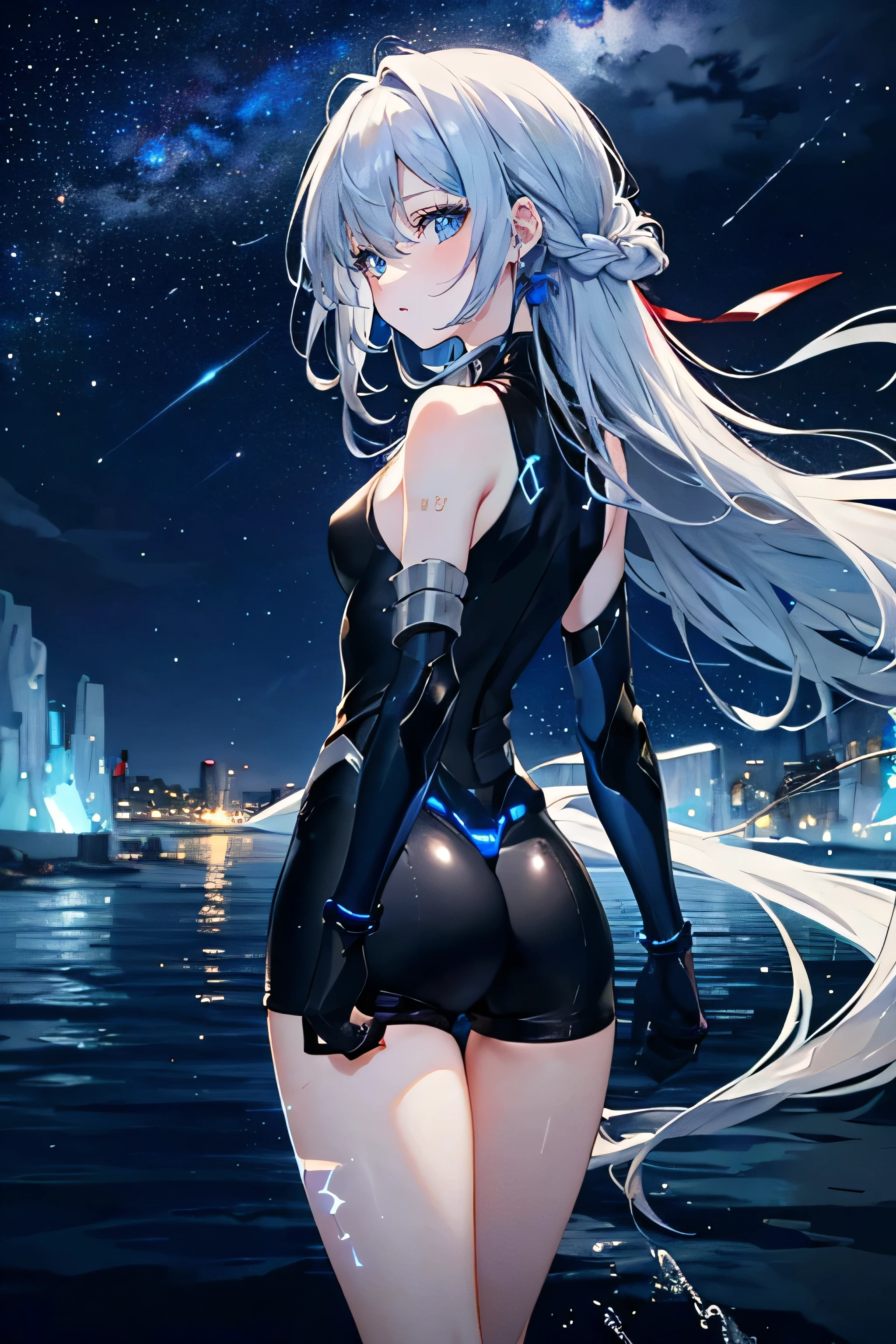 (masterpiece), (best quality), (ultra high resolution), (ultra detailed), High definition RAW color art, animation,sculpture, Silver Marble Skin, Ultra detailed elegant, finely detailed color, cenematic painting, gameCG, (Top image quality), (Ultra Detailed), looking at me, ((back view)), beautiful and detailed face, fine eyes, glowing_eyes, ultra detailed eyes, detailed eyes, beautiful eyes, elegant face, top quality, an anime girl, masterpiece, slender body, slim body, small chest, (((only 1 girl))), Silver Hair, white hair, ((Long hair)), (deep blue eyes:1.6), night, outdoors, lake, water, Reflection on the water horizon, standing on liquid, galaxy, ((starry sky,)) milky way, ((cybernetic blade)), ((high leg)), ((bare legs)), ((sleeveless)), battle suit, bodysuit, mecha suit, black suit