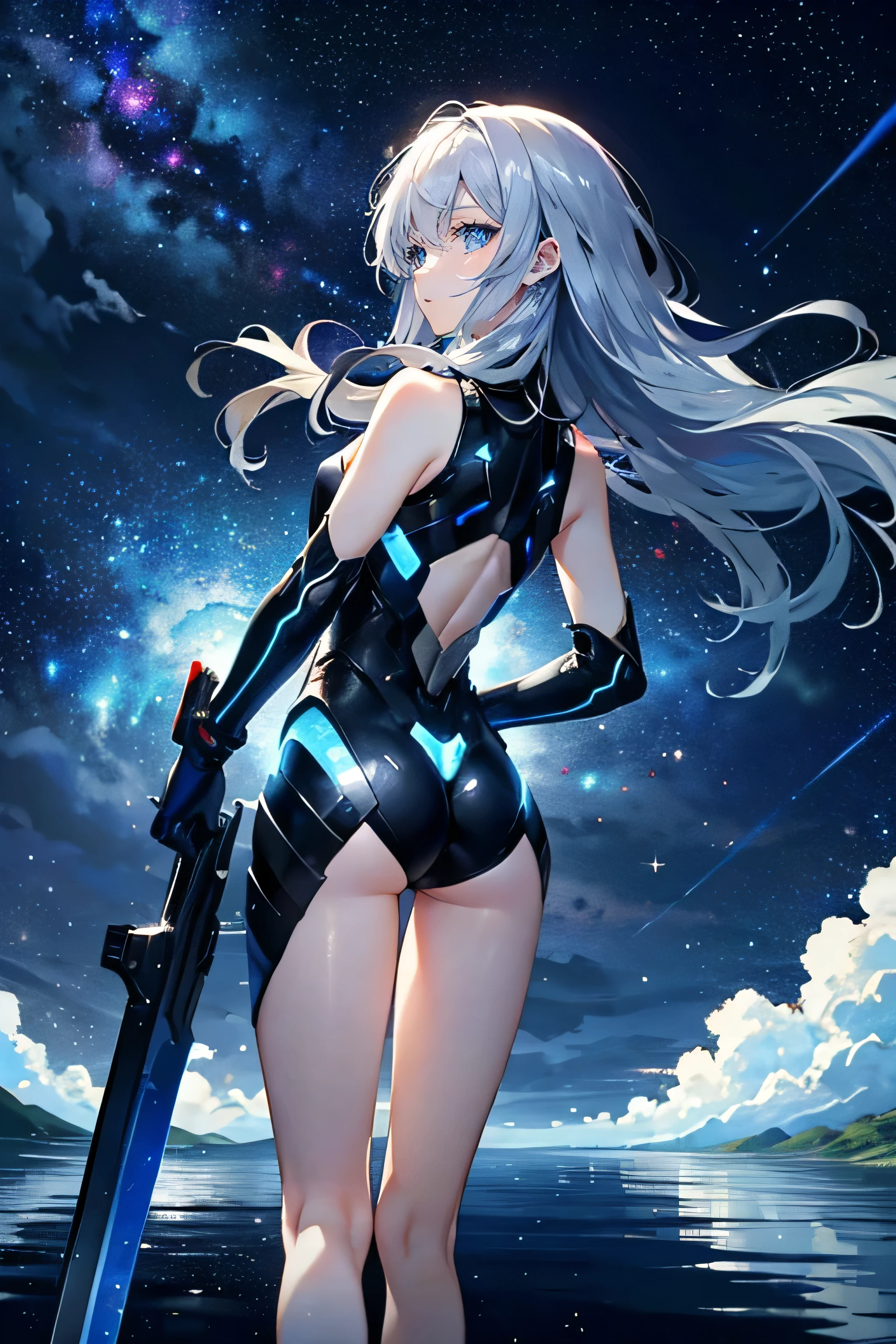 (masterpiece), (best quality), (ultra high resolution), (ultra detailed), High definition RAW color art, animation,sculpture, Silver Marble Skin, Ultra detailed elegant, finely detailed color, cenematic painting, gameCG, (Top image quality), (Ultra Detailed), looking at me, ((back view)), beautiful and detailed face, fine eyes, glowing_eyes, ultra detailed eyes, detailed eyes, beautiful eyes, elegant face, top quality, an anime girl, masterpiece, slender body, slim body, small chest, (((only 1 girl))), Silver Hair, white hair, ((Long hair)), (deep blue eyes:1.6), night, outdoors, lake, water, Reflection on the water horizon, standing on liquid, galaxy, ((starry sky,)) milky way, ((cybernetic blade)), ((high leg)), ((bare legs)), ((sleeveless)), battle suit, bodysuit, mecha suit, black suit