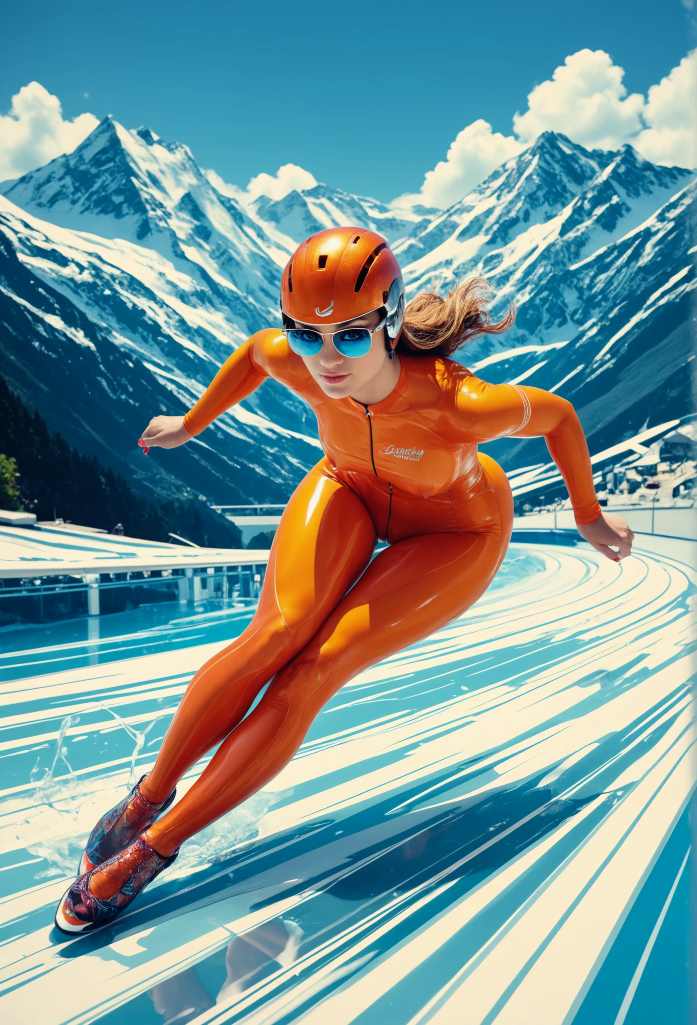 full lengt, hot glamorous bombshell 30yo, caucasian woman, the hot milf, blue eyes, very big massive huge expensive silicone breast (40DD), large areola under the clothes, erected detailled nipples under the clothes, stylish brown haircut, sport sunglasses with blue reflect, helmet, fit hourglass body, fit body, thick toned thighs, see trough the bodysuit, bodysuit too tight, bodysuit too tight against the body, perfect toned legs, sensual, very smooth asymmetrical body, full body shot, depth of field, high detail face, high detail skin, oiled skin, cameltoe, 64k, makeup, full body, top-quality, high quality, Eye for extreme detail, masterpiece, 16k, 8k, 4K, HD, UHD, hyper realistic, elegant, extremely detailed, intricate, vibrant, beautiful, dynamic lighting, poster, award winning photography, masterpiece, fantastic view, ultra detailed, crisp quality.