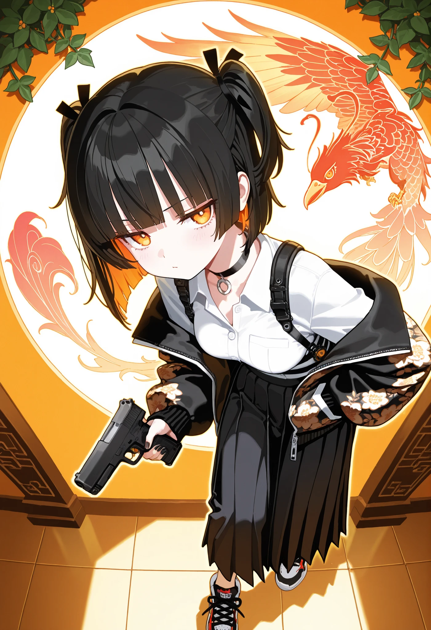 1girl, jitome(0.5), orange eyes, short black hair, blunt bangs, medium Breast, black ribbon, phoenix pettern Sukajan, pleated slit long skirt, Choker, black nail polish, Functional Sneakers, doremi, hwansang, mx2j, masterpiece, best quality, Perfect details, perfect composition, absurdres, newest, very aesthetic, amazing quality, highres, Focus on the character, film grain, looking at viewer, official art, flowers, Oriental decoration, dynamic view, cute expression, thick outline, glock, pistols, Harness, robotic Pistol, black vine, thorn, lazy, energy pistol,