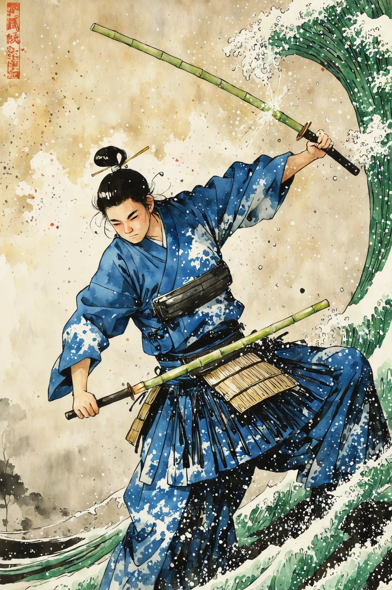 J_paint, Japanese painting, watercolor, Proper Clothes and Faces, kendo, I held up a bamboo sword, Splash Effects, static and dynamic, Bushido, traditional Japanese painting holding a bamboo sword, masterpiece.