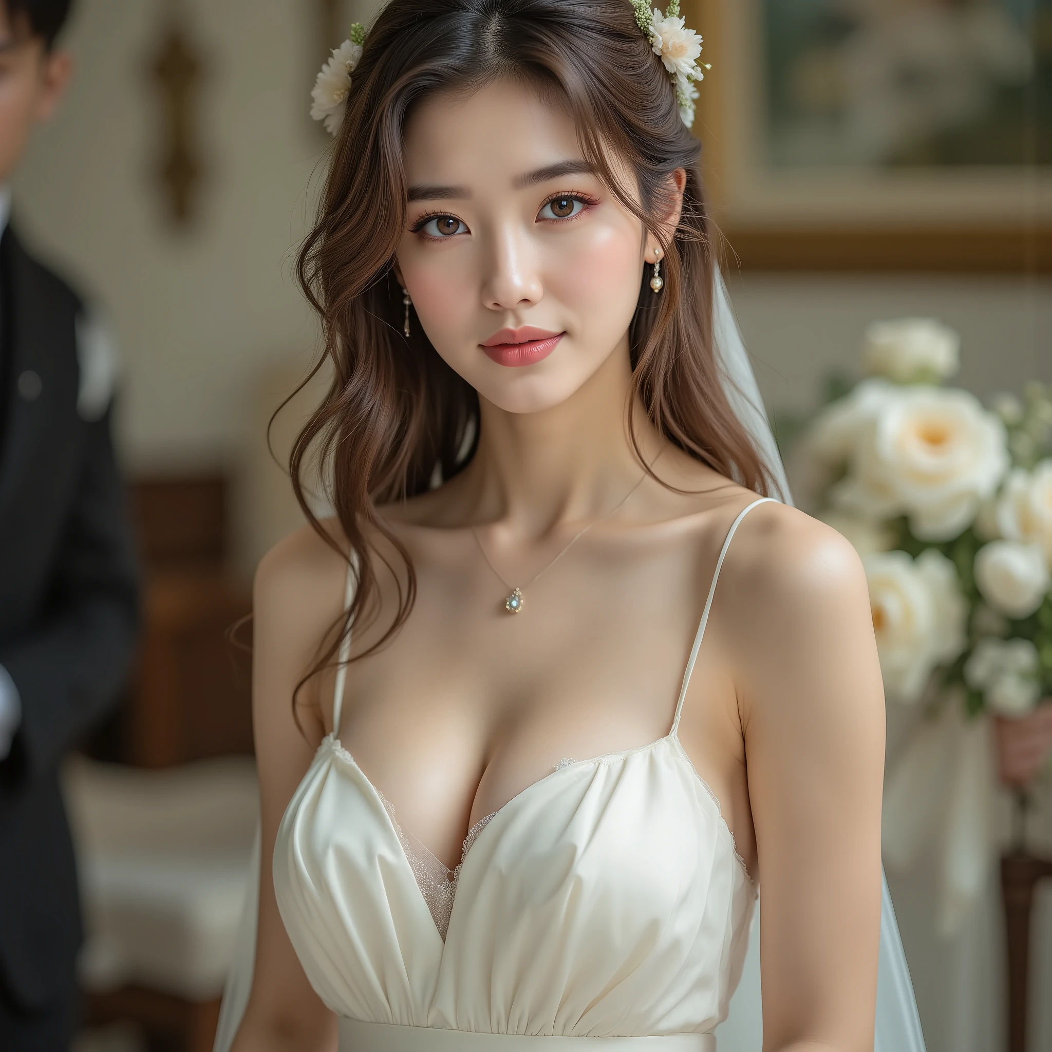 Nostalgia Day, (super detailed:1.30), (Ultra Realistic Full Body Portrait Photo:1.25), ( super detailed and clear focus :1.20), (Woman in center of image:1.5), (At the Wedding, She Stares at Me, Smiles, and Throws a Kiss Full Body Shot:1.5), (Studio Lighting That Illuminates the Whole Body:1.10), (Taken on a clear day:1.5), BREAK,
(Silk Camisole Dress for the Wedding Day at Church, Tube Top Dress, Tight Chest and Flared Skirt, Trendy Wedding Dress, BREAK,
(super detailed beautiful Japanese female idol:1.10), (super detailed beautiful slender and glamor:1.9), (perfect anatomy:1.15)), (Cute Smiles:1.3), (super detailed big eyes, double eyelids), BREAK, No Wedding Veil, No Hair Ornaments,
((super detailed upturned beautiful breasts, Deep Cleavage F Cup Breasts:1.5)), Deep V Neck, ((Super Skin-Perfect Outfit:1.8), BREAK,
(super detailed finely textured shiny oily skin:1.5), (shiny skin), ((Wavy Curly Hair, Symmetrical bangs, super detailed美しく輝く髪:1.5)), (light brown hair), BREAK,
(Full body photo:1.5), dynamic angles, The golden ratio, BREAK,
