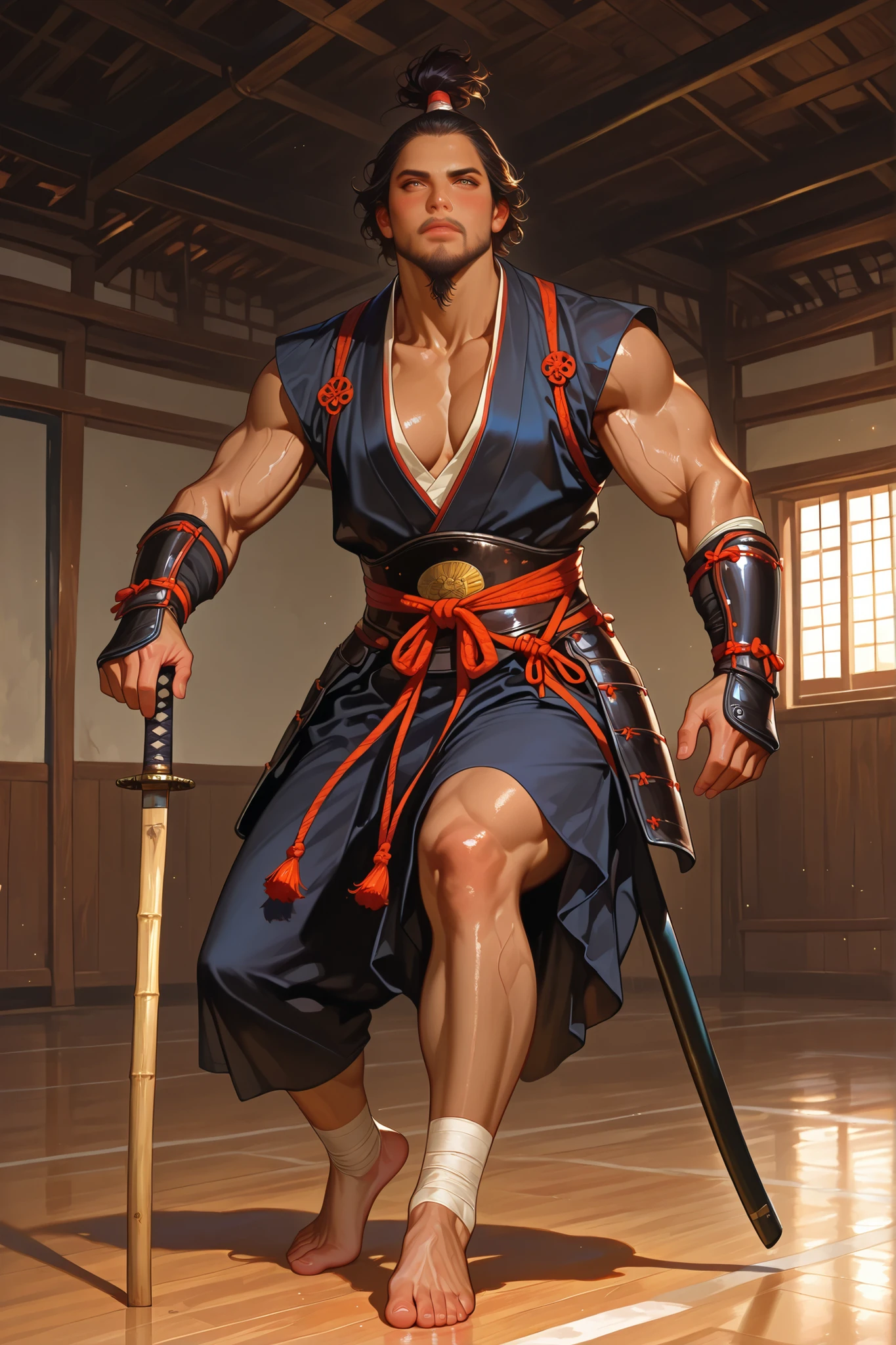 (Masterpiece), (highest Quality), (Ultra-Detailed), photo-realistic, high resolution, solo, Edo period samurai with shaved front and top of the head, tied hair at the back, action pose, A veteran samurai wears kendo armor and holds a bamboo sword. Brown skin. Muscular body. Samurai topknot. Unshaven beard. Gymnasium. An intimidating swordsman's presence. barefoot, full-body shot, front view, 
