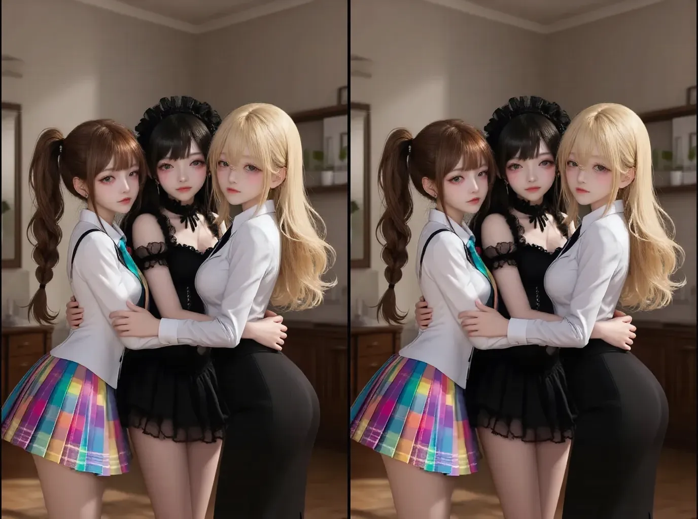 (Glory wall pose:1.2), SchoolGirls wearing uniforms with white Thongs, Red ribbon, Glistening ivory skin, name plate, no legwear . Character concept art, Different types of hair colors, (((NOGIZAKA face variations)))  Extremely Detailed very KAWAII face variations, perfect ???????, Childish, captivating gaze, elaborate detailed Eyes with (sparkling highlights:1.2), long eyelashes、Glossy RED Lips with beautiful details, Coquettish tongue, Rosy cheeks . { (Dynamic joyful expressions) | :d) }, Random eye color, (large eyes:-1), (Acutance:0.85) . ????????