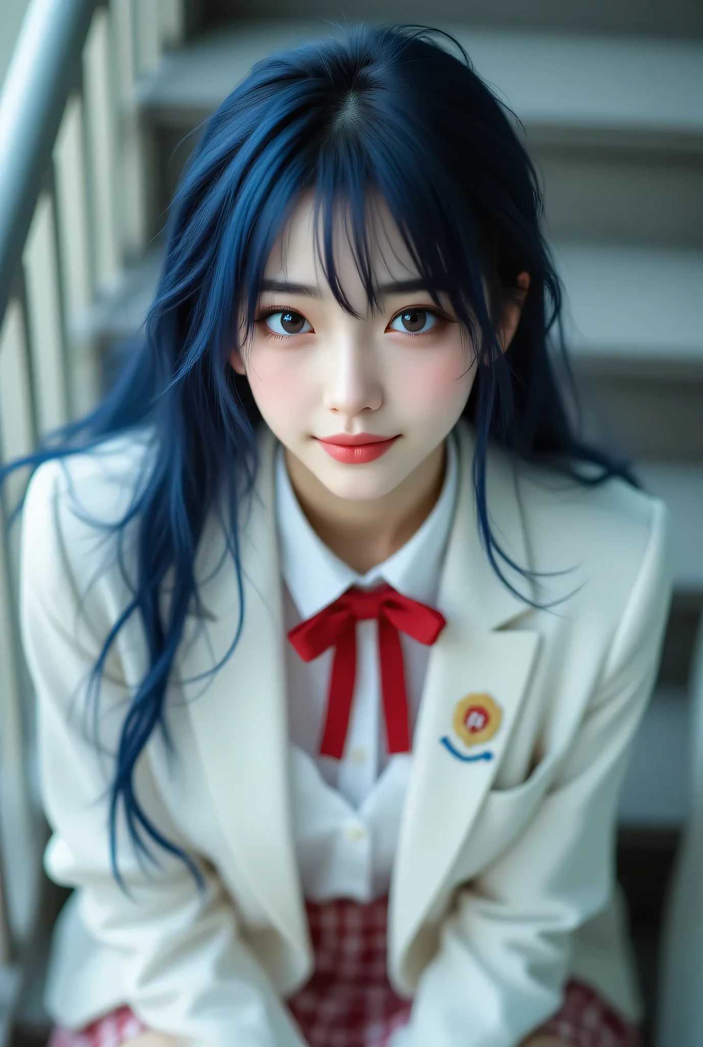 1girl in, Dark blue hair, Bangs, Long hair, Sparkling eyes, longeyelashes, makeup, lightsmile, depth of fields, One-person viewpoint, close-up, From below, wide angles, F/1.8, 135 mm, canon, nffsw, retinas, masutepiece, ccurate, Anatomically correct, Textured skin, Super Detail, high details, High quality, Best Quality, hight resolution, 1080p, 4K, 8K,(Female student climbing the stairs of school),46-point diagonal bangs,female students、((uniform: White blazer with emblem on the chest))、(胸の谷間協調),Translucent white blouse、(red bowtie)、((Miniskirts in bright colors,Check stripe)()、A smile,((Skirt soars in the wind)),((White T-back panties are visible)),((posterior view)),((Looks Back))正面図;1.21、見る:1.21、膝上ショット:1.21、((傑作、最高品質、最高の壁紙:1.21))、((濡れる:1.5))、(腕を上げて、脇の下を見せてください:1.3)、(美胸、平らな胸)、脚を開けて、日本人女性、17才の日本人女性、解剖学的に正しいプロポーション、((小さな頭:1.5))、茶色の髪、低いポニーテールの髪、前髪を長く垂らす、拒食症の痩せた体:1.37、 ((痩せた体、ウエストライン:1.37))、光る肌、(雨にびしょ濡れ、都立有名高校のセーラー服、半袖、半袖セーラー服:1.21、世羅福:1.21、上半身は制服着用:1.21、ネイビープリーツスカート、黒ブラ)、下着が見える、靴下、ローファー、大雨、雨、街の通り、サイバーパンクシティ、映画の照明、 (RAW撮影、フォトリアリスティック:1.5、8K、最高の画質、傑作、超高解像度)、(完璧なダイナミック構成:1.2)、夜の街角、空を見上げる:1.3、(路上で手を上げて立っている)、詳細な肌と顔の質感:1.2、(雨に濡れた白いブラウス、素晴らしい表情のピンクのフレアミニスカート:1.3)、セクシーな美しさ、完璧なスタイル:1.2、美学と美しさ、白い肌、とても美しい顔、(雨滴が全身に滴る:1.2、濡れた髪:1.4、濡れた髪:1.2)、肌に水滴が当たる、(胸の中心、胸の谷)、(恥ずかしい笑い、激しい愛撫を感じたときの表情、快感の表現)、(手袋をしていない美しい青い目)、完璧なボディ、完璧な指先、最高品質の作品、実写映画、超プレミアムグラフィックス、8K HD CG作品、高解像度グラフィックス、高解像度CG作品、10倍ピクセル、超微細なディテール:1.1、高度な技術ディテール:1.1、フォトリアリスティック、室内照明効果:1.5、自然光:1.5。照明効果(バーチャル照明効果:1.8)、(細い眉毛)、(高い鼻)、(美しい赤唇)、(バラの頬)
