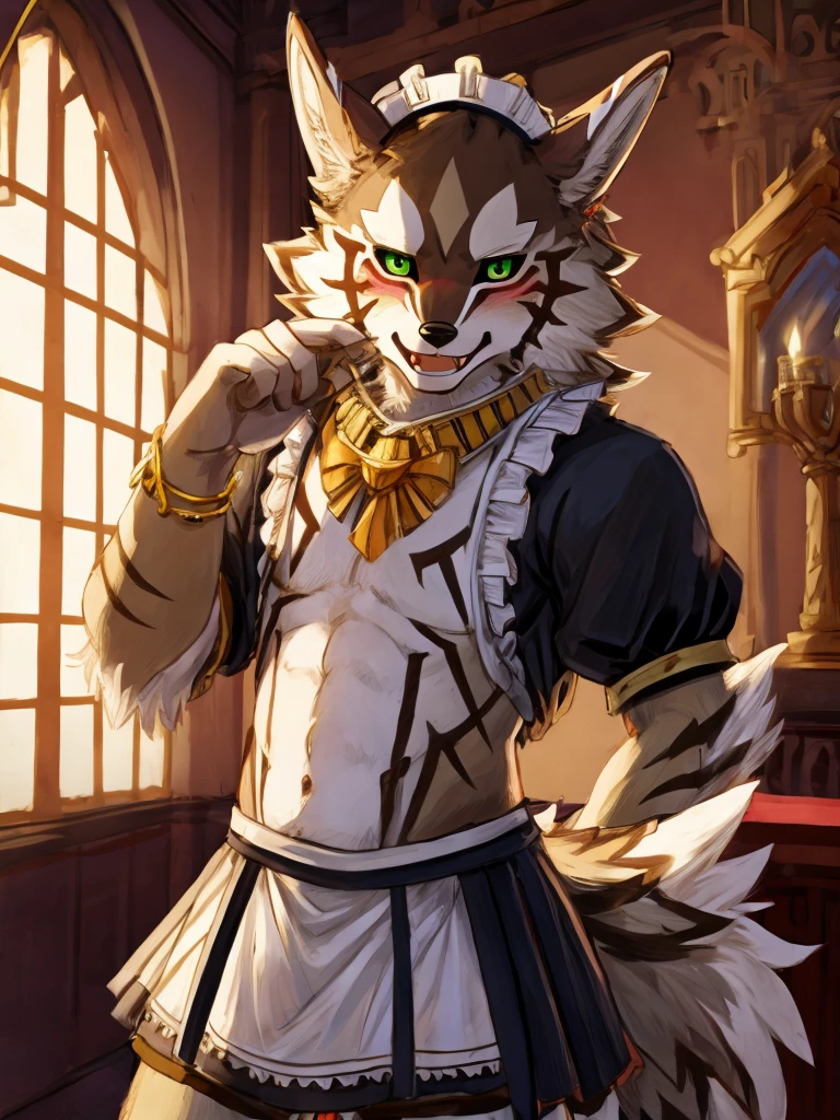 A male furry deer that is in a modeling session is posing without any clothes.  He has a scar on his abdomen on his  and has a small beard