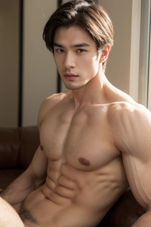 ((masterpiece)),((bestquality)),8k,high detailed,ultra-detailed, depth of field, wide angle,1boy, male focus, solo, handsome face, Neutral Expression, Stylish Pose, ,real skin texture,cinematic lighting,upper body, topless male, slim bodyshape,skinny,