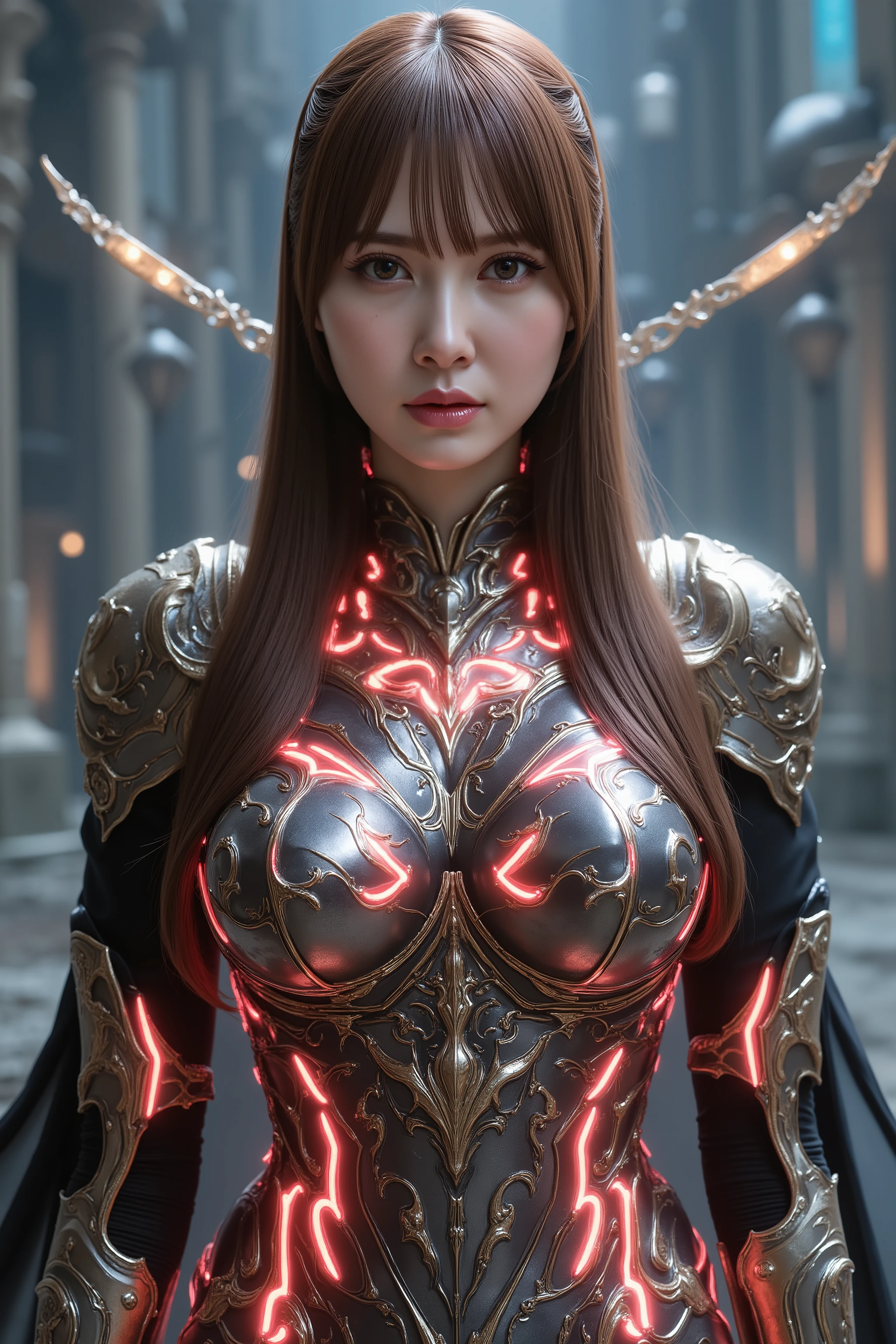masterpiece, best quality, official art, extremely detailed CG unity 8k wallpaper,absurdres,8k resolution, exquisite facial features, prefect face, Cinematic Lighting, dynamic lighting, volumetric lighting maximalist photo illustration, 8k resolution concept art intricately detailed, complex, elegant, majestic, ecstasy, fantastical, shining suit, Fantasy detailers, a woman (Beautiful face, young, Supermodel) in Epic suit, neon light armor, straight long hair, standing holding a spear, Fantasy detailers, looking_at_viewer, front view, sexy woman, big breasts,