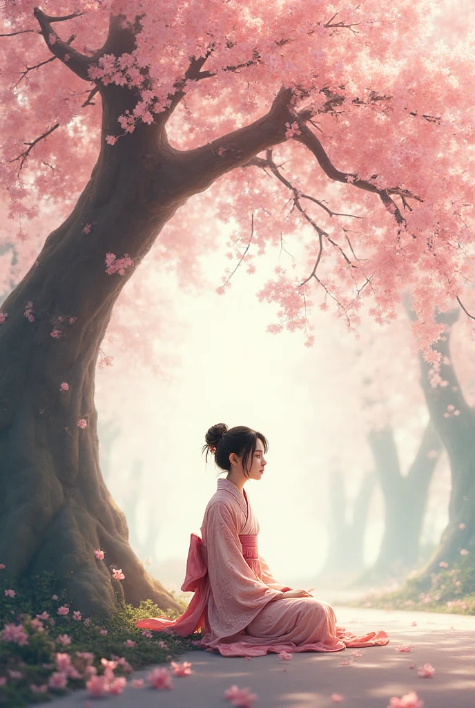 Make a girl who is seating in under a cherry blossom tree - SeaArt AI