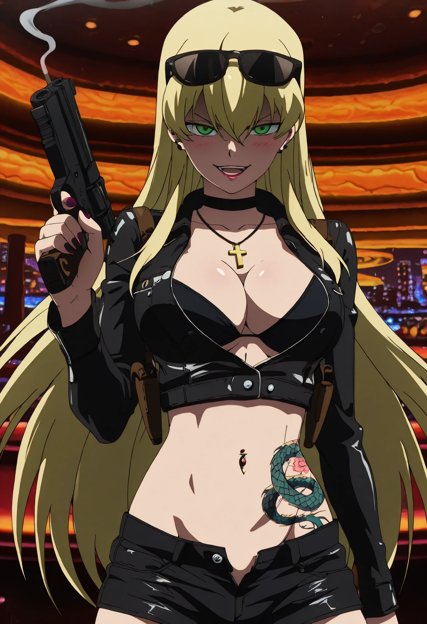 masterpiece, best quality, newest, absurdres, very aesthetic, Doya, 1girl, solo, , blonde hair, long hair, bangs between eyes, green eyes, ,, looking at the viewer, , masterpiece, best quality, highly detailed, , open mouth, ,, nail polish, ear piercing, long hair, blush, lipstick,Hot girl, baddie, smoking, sensual, attractive, cross necklace, choker,, bar background, inside bar, indoors, cityscape, casino, nightclub, city lights,,masterpiece , best quality , highly detailed , a girls with a gun , evil smile , open mouth , sexy gaze , badass pose , evil smile , smile , (nsfw) not safe for work , guns blazing , anime girl with long hair , beautiful long haired girl , navel , evil expression , exposed belly , exposed navel , exposed midriff , exposed lower belly , , cleavage , unbuttoned shorts , open fly , shorts , short shorts ,, leather jacket , holding a gun , holding pistol , unbuttoned shirt , collared shirt , knot , pull_down shorts , black short shorts , (show off panties , :1 . 2 , no panties) , zip up leather jacket , bikini top ,,, navel piercing, sunglasses on head,,, shoulder holster, medium large breasts, waist dragon tattoo, narrowed eyes, tattoo waist, , anime screencap , anime coloring, looking at viewer , v-shaped eyebrows,