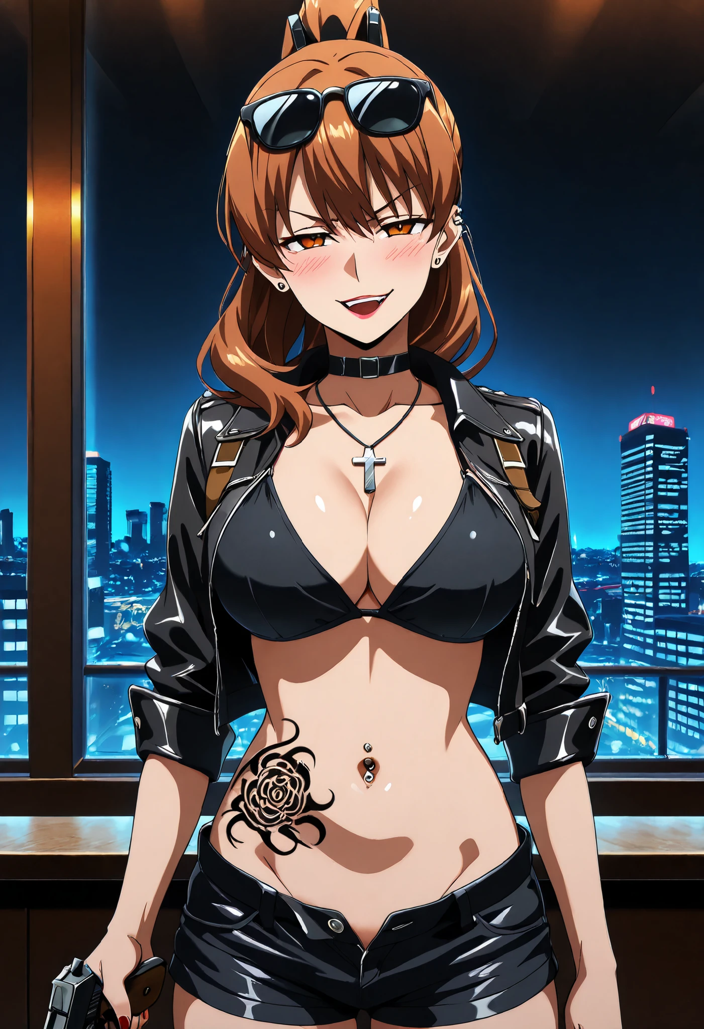 masterpiece, best quality, newest, solo, 1girl, s3ryu, , looking at viewer, , long hair, brown hair, ponytail, brown eyes, medium breast, mature female, , nail polish, ear piercing, long hair, blush, lipstick,Hot girl, baddie, smoking, sensual, attractive, cross necklace, choker,, bar background, inside bar, indoors, cityscape, casino, nightclub, city lights,,masterpiece , best quality , highly detailed , a girls with a gun , evil smile , open mouth , sexy gaze , badass pose , evil smile , smile , (nsfw) not safe for work , guns blazing , anime girl with long hair , beautiful long haired girl , navel , evil expression , exposed belly , exposed navel , exposed midriff , exposed lower belly , , cleavage , unbuttoned shorts , open fly , shorts , short shorts ,, leather jacket , holding a gun , holding pistol , unbuttoned shirt , collared shirt , knot , pull_down shorts , black short shorts , (show off panties , :1 . 2 , no panties) , zip up leather jacket , bikini top ,,, navel piercing, sunglasses on head,,, shoulder holster, medium large breasts, waist dragon tattoo, narrowed eyes, tattoo waist, , anime screencap , anime coloring, looking at viewer , v-shaped eyebrows,