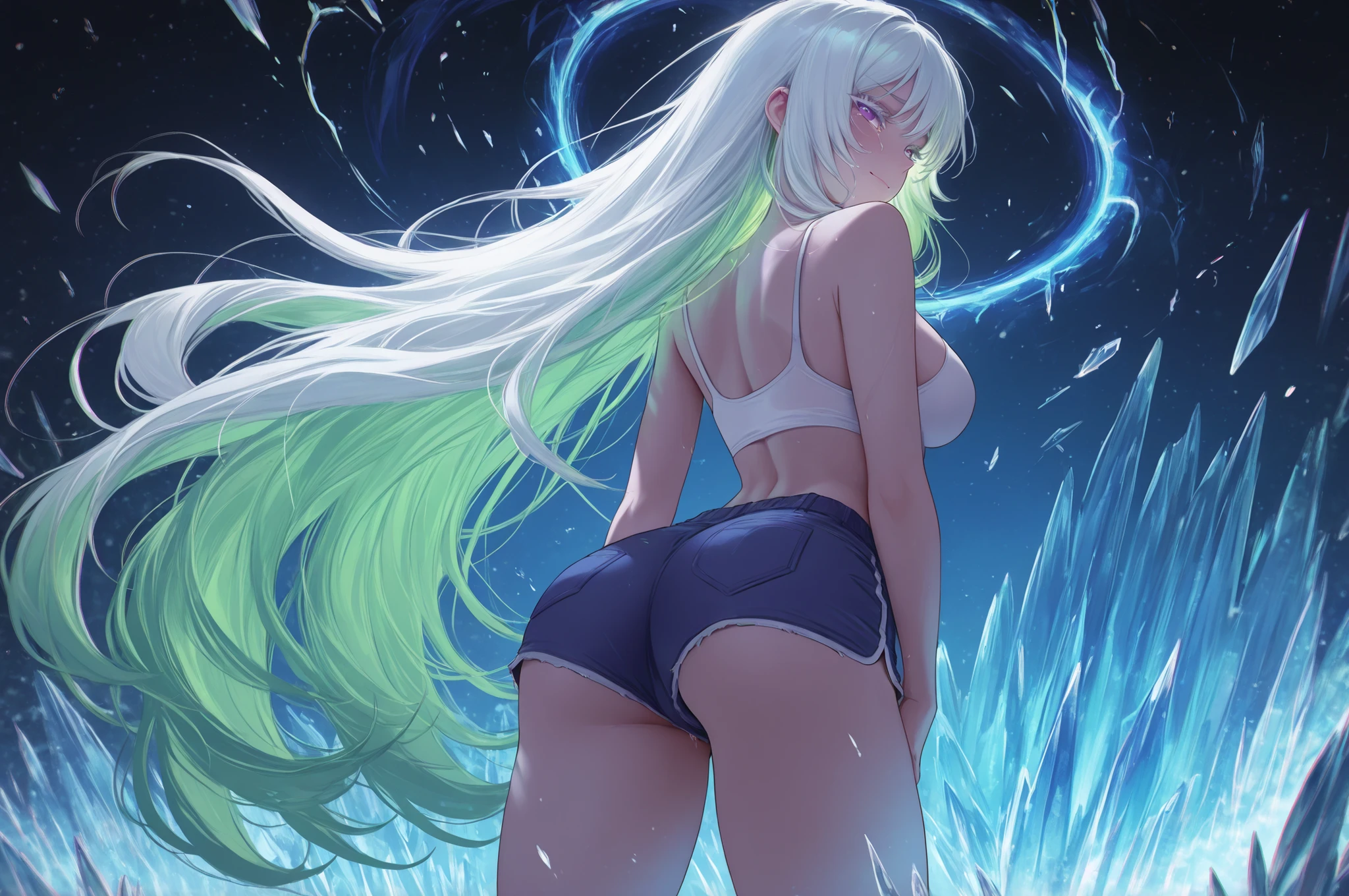 Dratena Belbury , masterpiece , best quality , amazing quality , 1girl, NSFW , chromatic aberration , very long hair, purple eyes, breasts, White hair, Green inner hair color, white eyelashes, green hair tips, Glowing hair, radiant hair, Brazil, jean shorts, short top, Night, Frost, ice background, portal, Back view, top view, Looks at the viewer , A sad smile, a tear on her face, middle breasts, extremely detailed face , detailed eyes , Greatest Masterpiece , TOP QUALITY , 8k ,